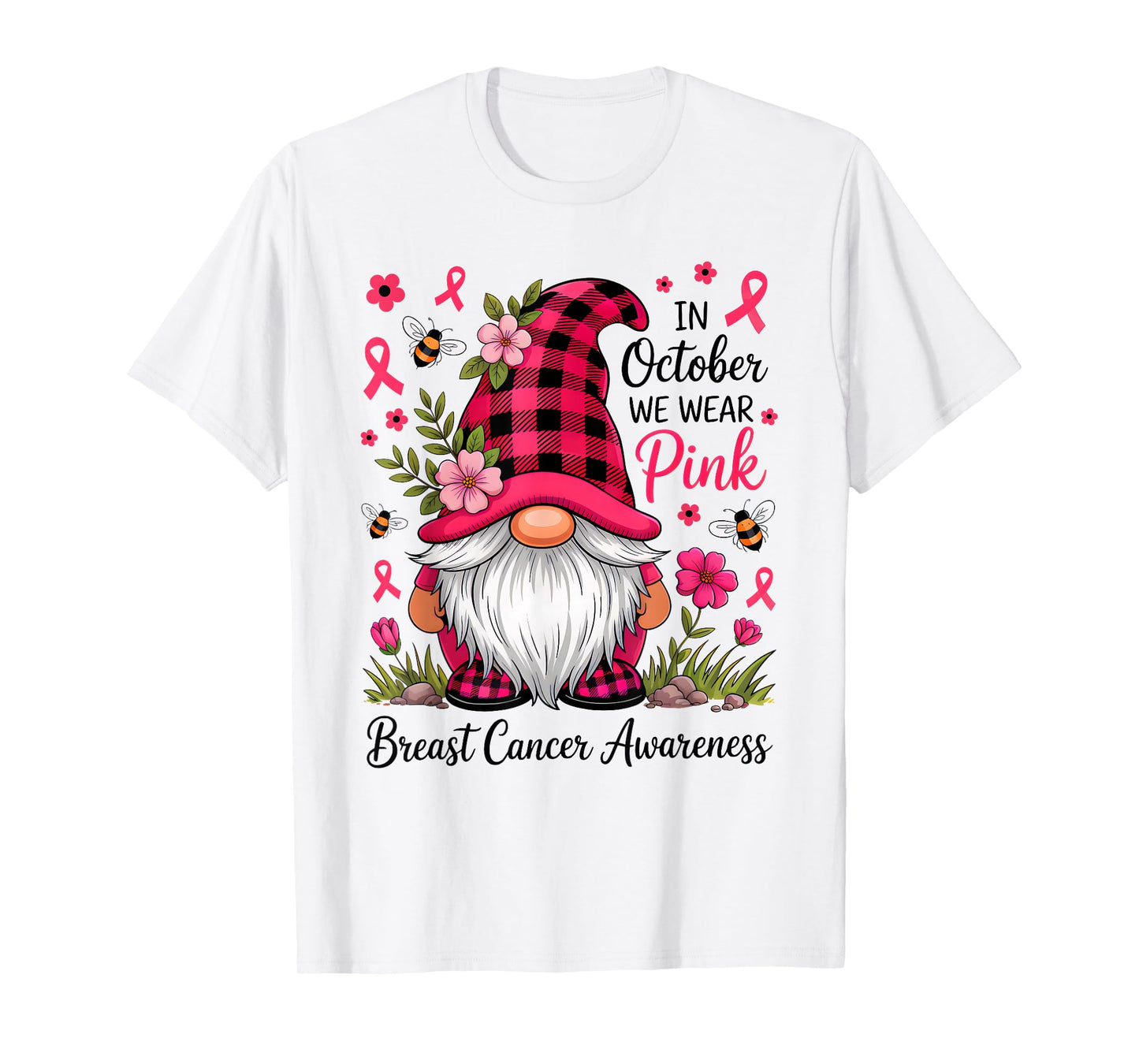 In October We Wear Pink Ribbon Warrior Gnomes Breast Cancer T-Shirt
