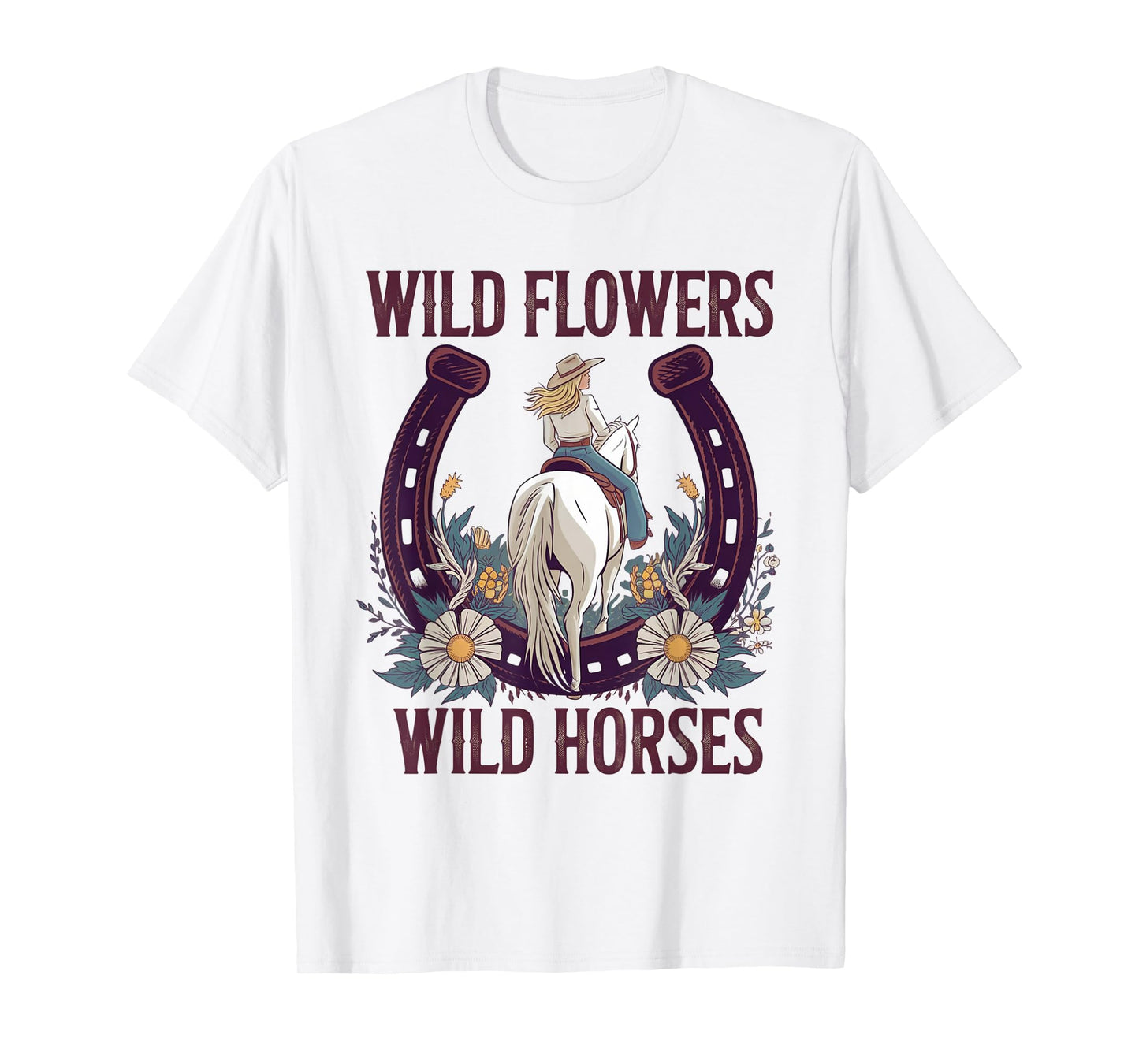 Retro Southern Sunset Cowgirl Wild Flowers - Wild Horses T-Shirt