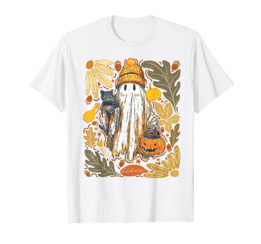 Cute Ghost Black Cat Halloween Witch Pumpkin Dark Forest T-Shirt