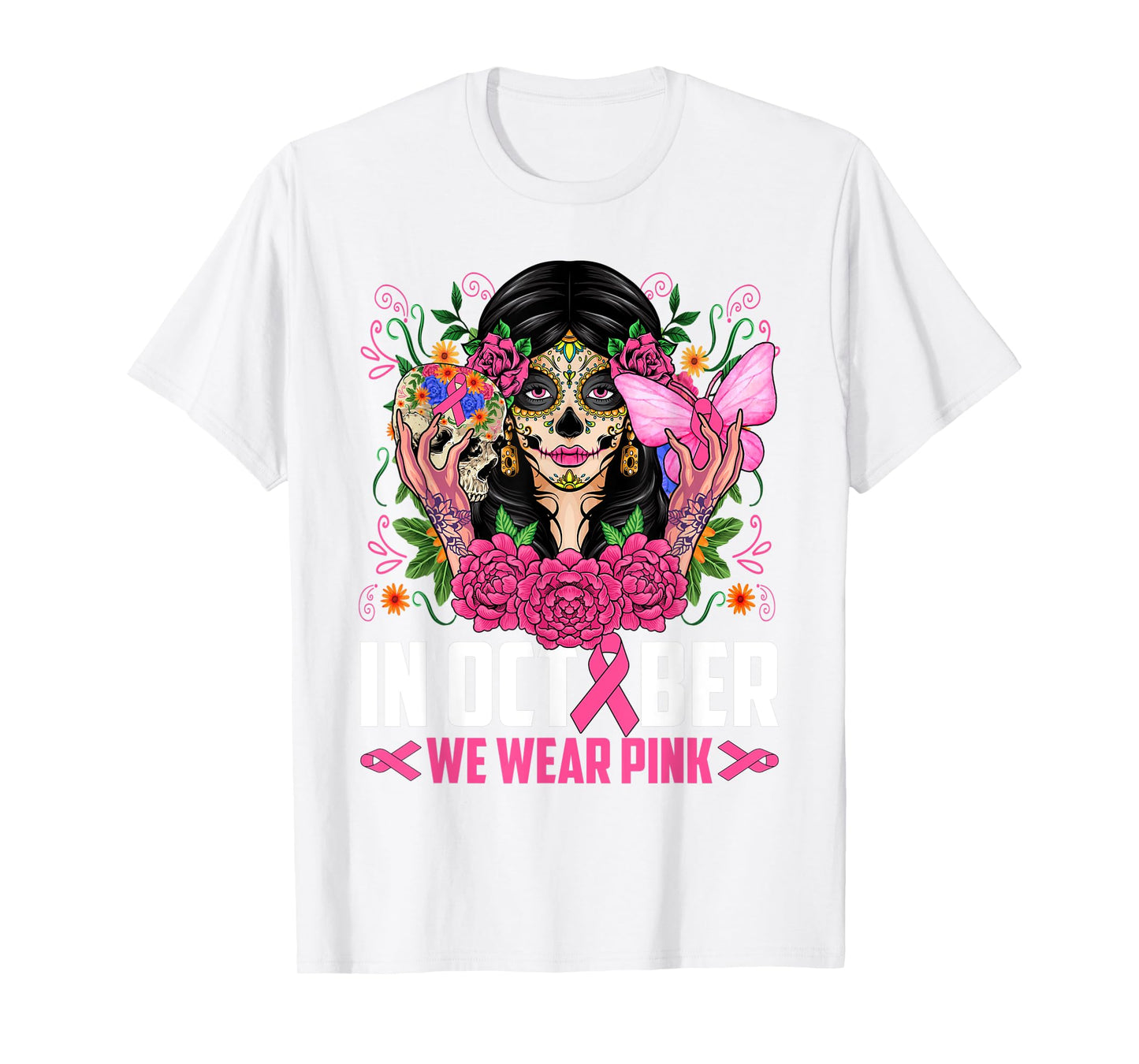 In October Wear Pink Sugar Skull Breast Cancer Halloween Day T-Shirt