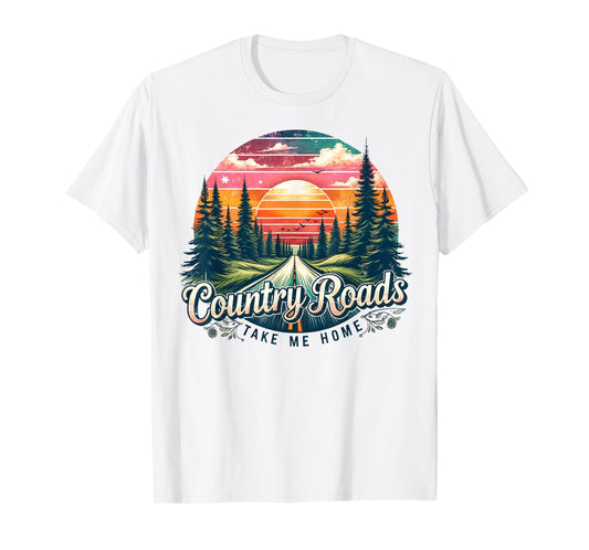 Country Roads Take Me Home Sunset Forest Retro T-Shirt