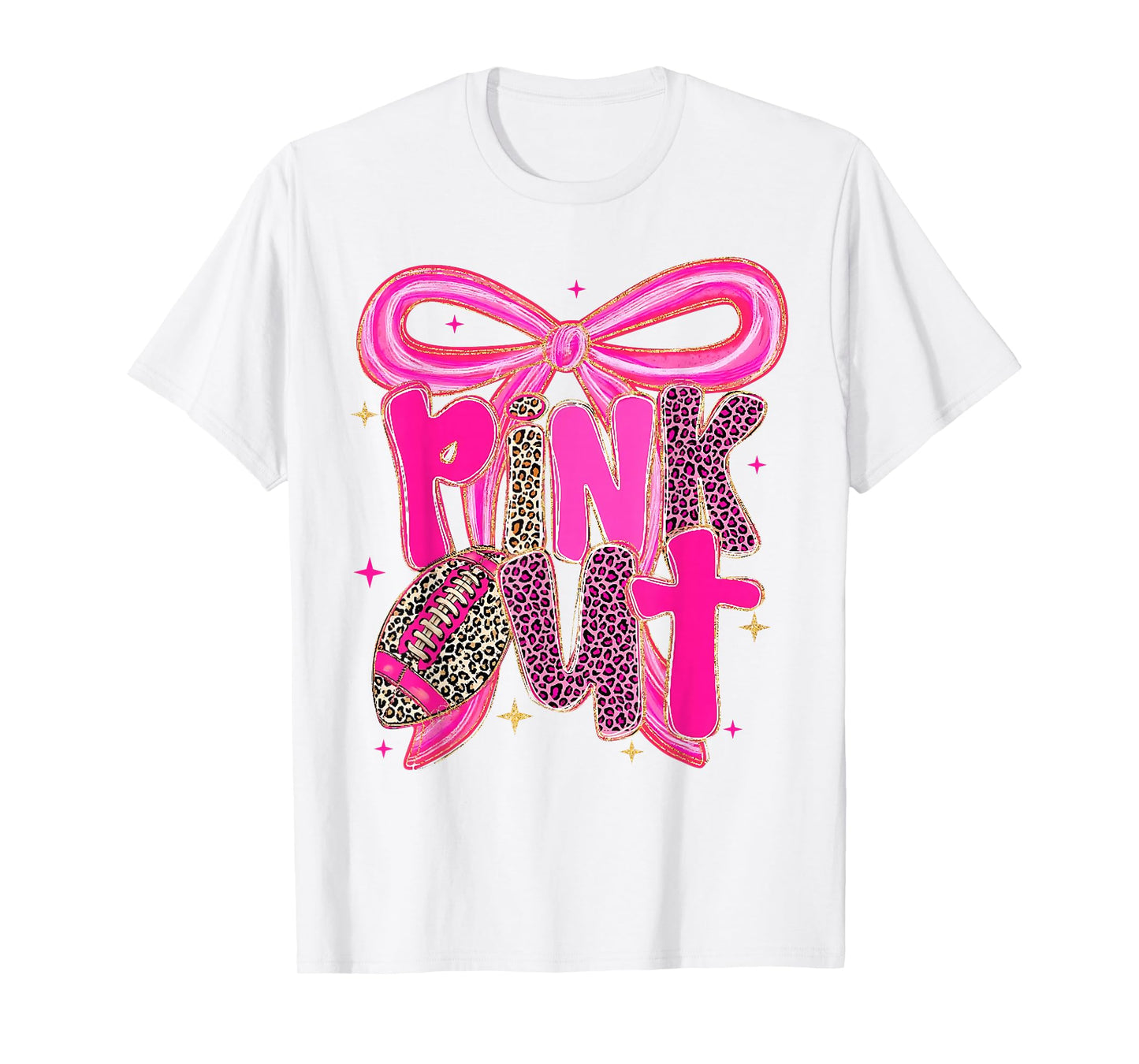 Pink Out Leopard Football Bow Breast Cancer Awareness Women T-Shirt