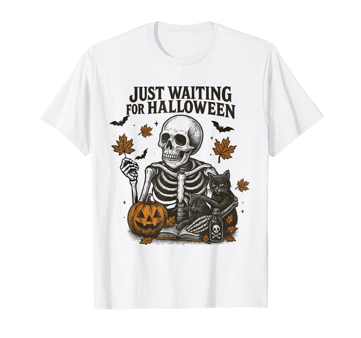 Just Waiting for Halloween Skeleton Cat Pumpkin Autumn Retro T-Shirt