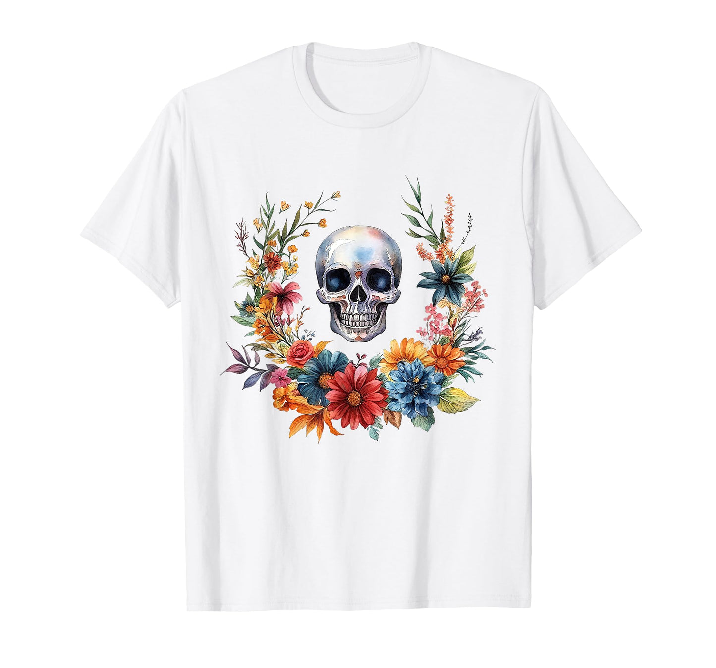 Funny Vintage Skeleton Skull Flower Halloween Retro Floral T-Shirt