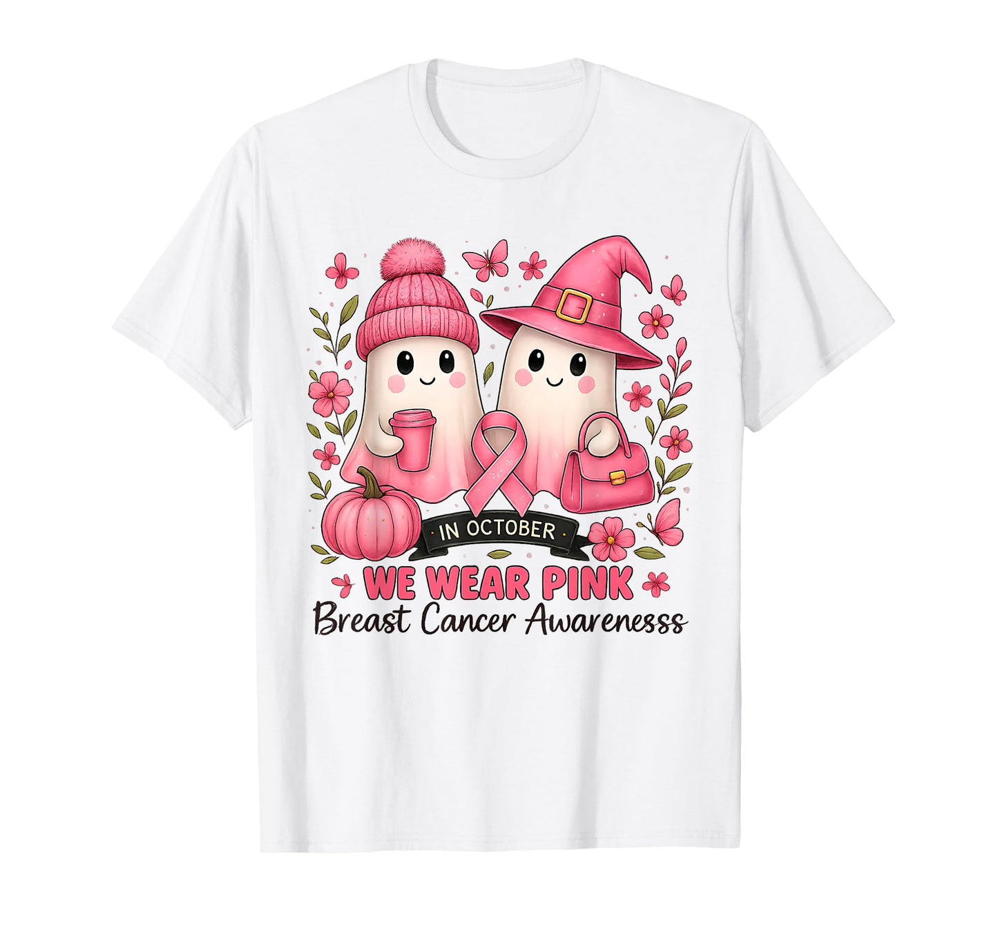in October We Wear Pink Cute Ghost Breast Cancer Awareness T-Shirt