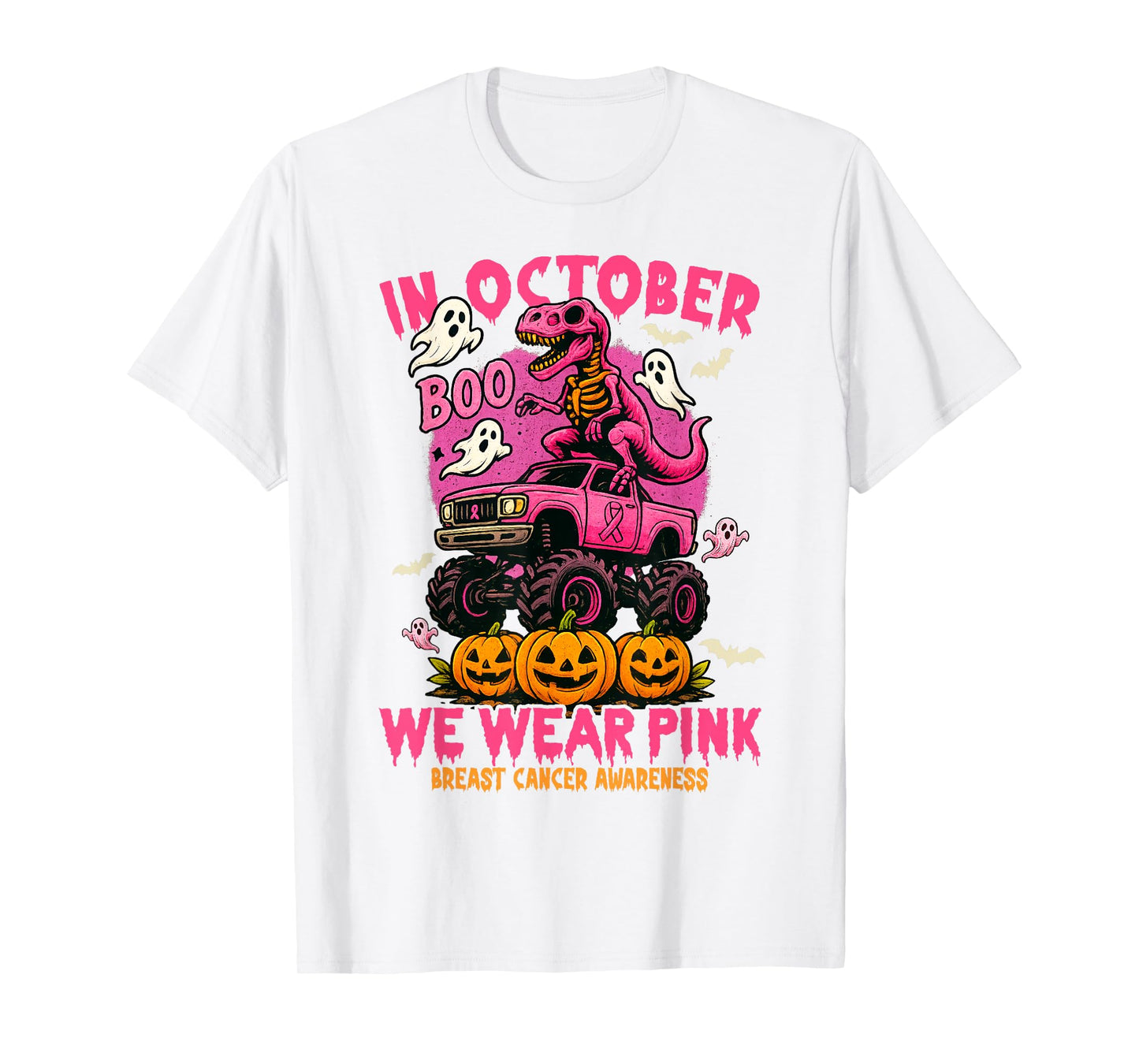 in October We Wear Pink Dinosaur T Rex Monster Truck Pumpkin T-Shirt