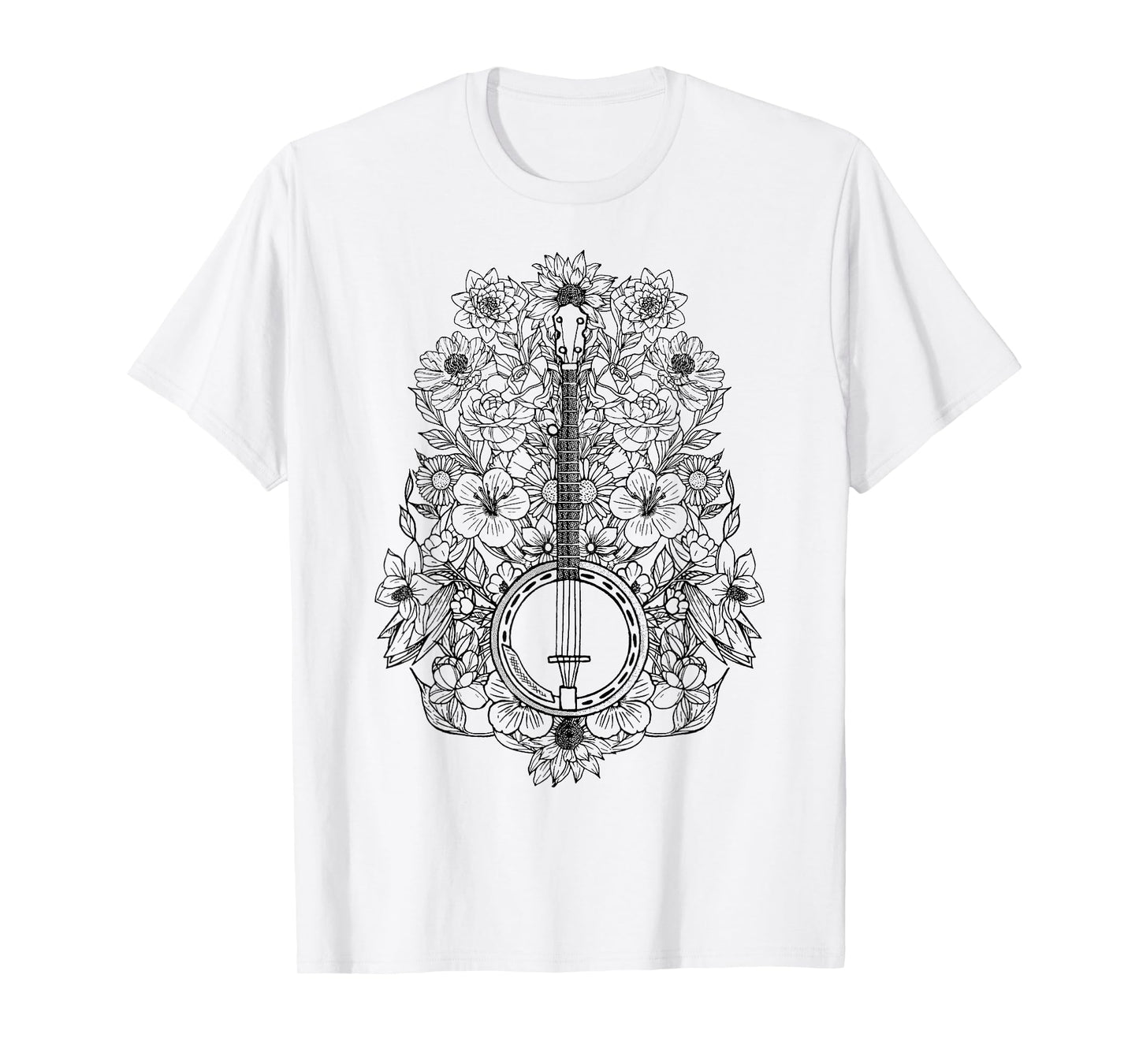 Banjo Flowers Vintage Stringed Bluegrass Folk Floral Design T-Shirt