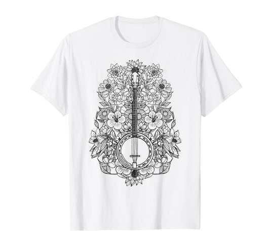 Banjo Flowers Vintage Stringed Bluegrass Folk Floral Design T-Shirt