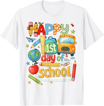HUGvyn Back to School: Happy First Day Of School Teacher Kid T-Shirt