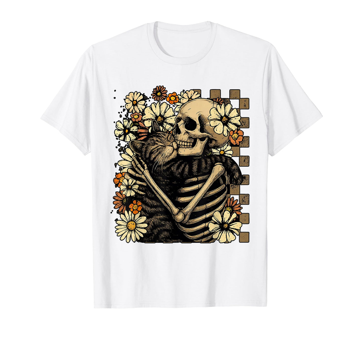Retro Skeleton Hugging Cat Floral Halloween Cats Lover Fall T-Shirt