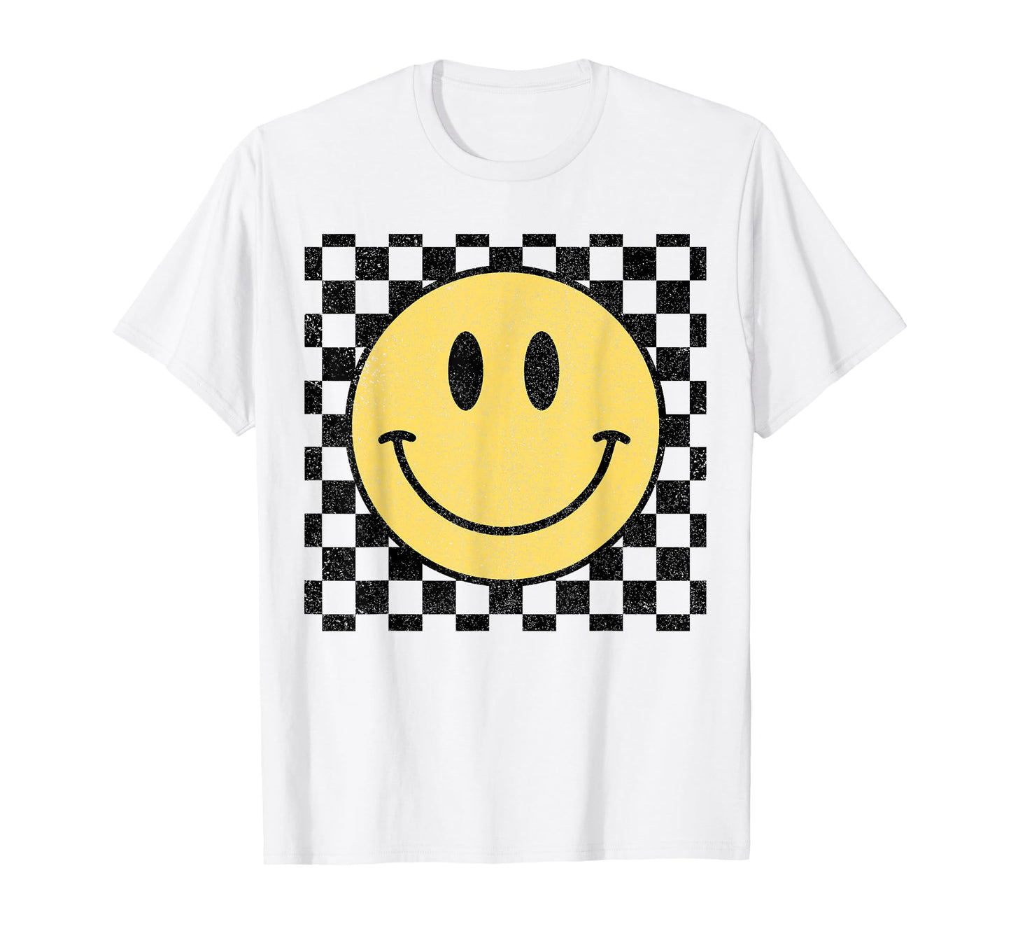 Retro Happy Face Distressed Checkered Pattern Smile Face T-Shirt