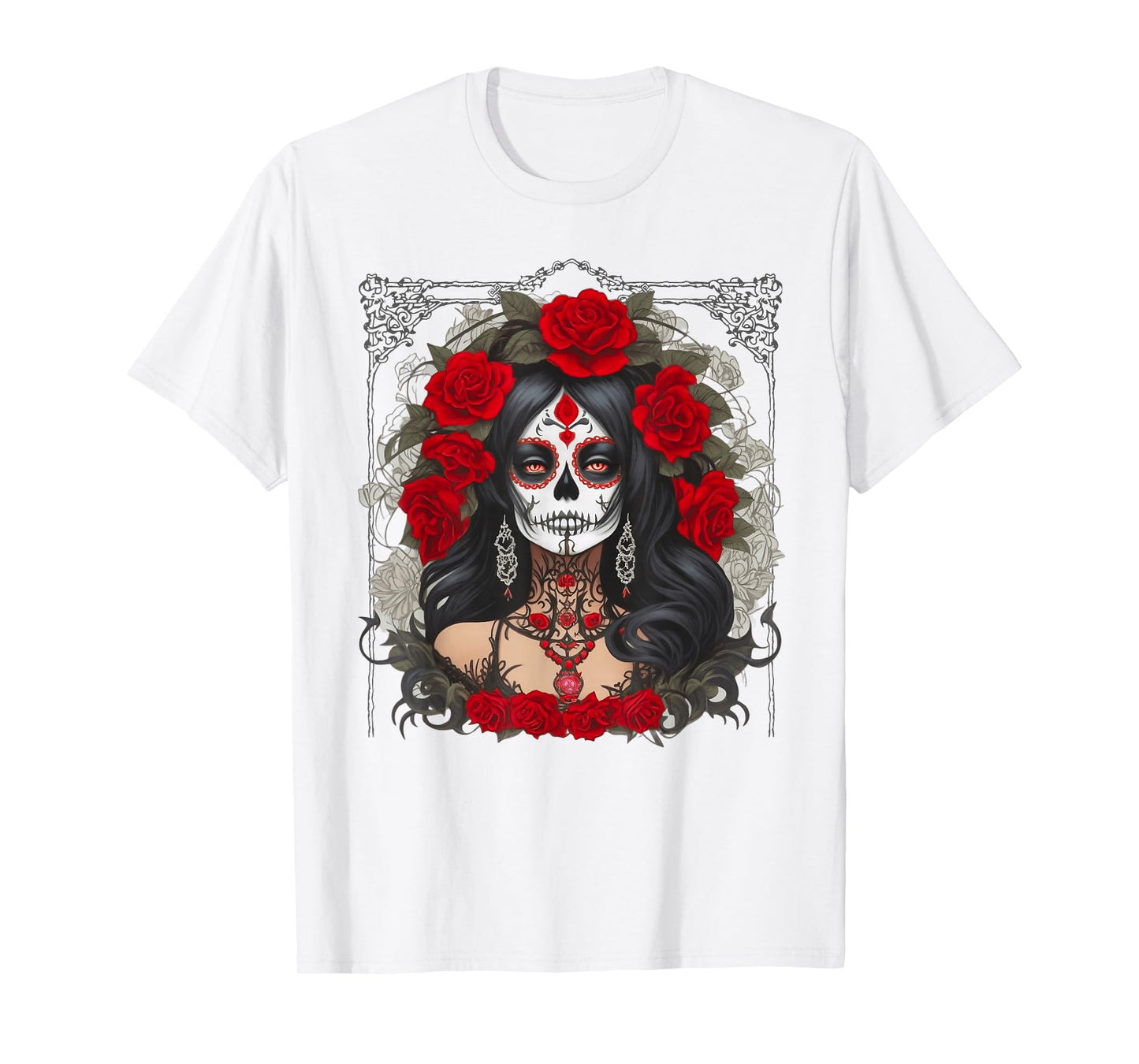 Catrina Day Sugar Skull RED Roses Los Muertos Halloween T-Shirt