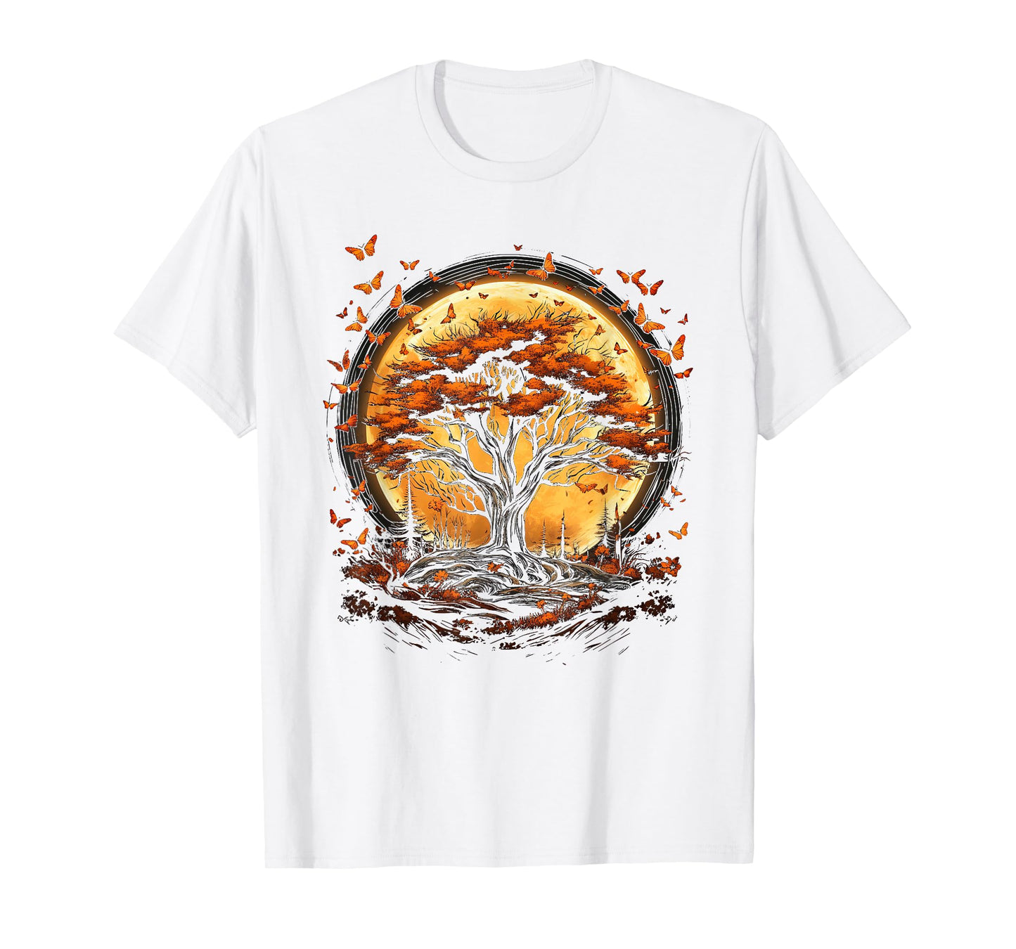Fall Autumn falling leaves with Tree and Butterfly orange T-Shirt