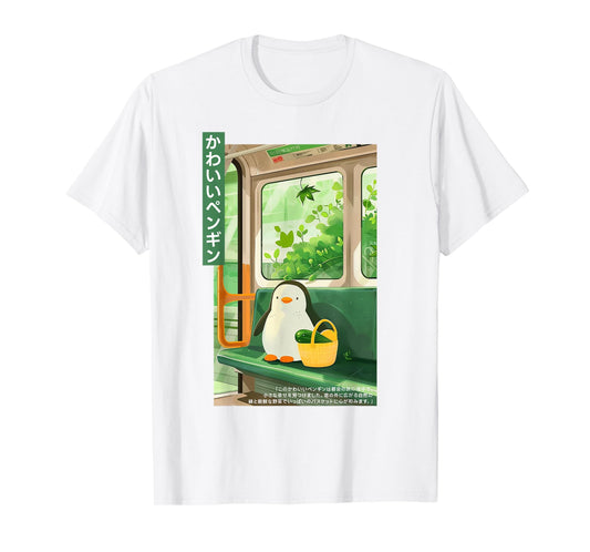 Cute Kawaii Penguin with Basket in Green Train Japanese T-Shirt