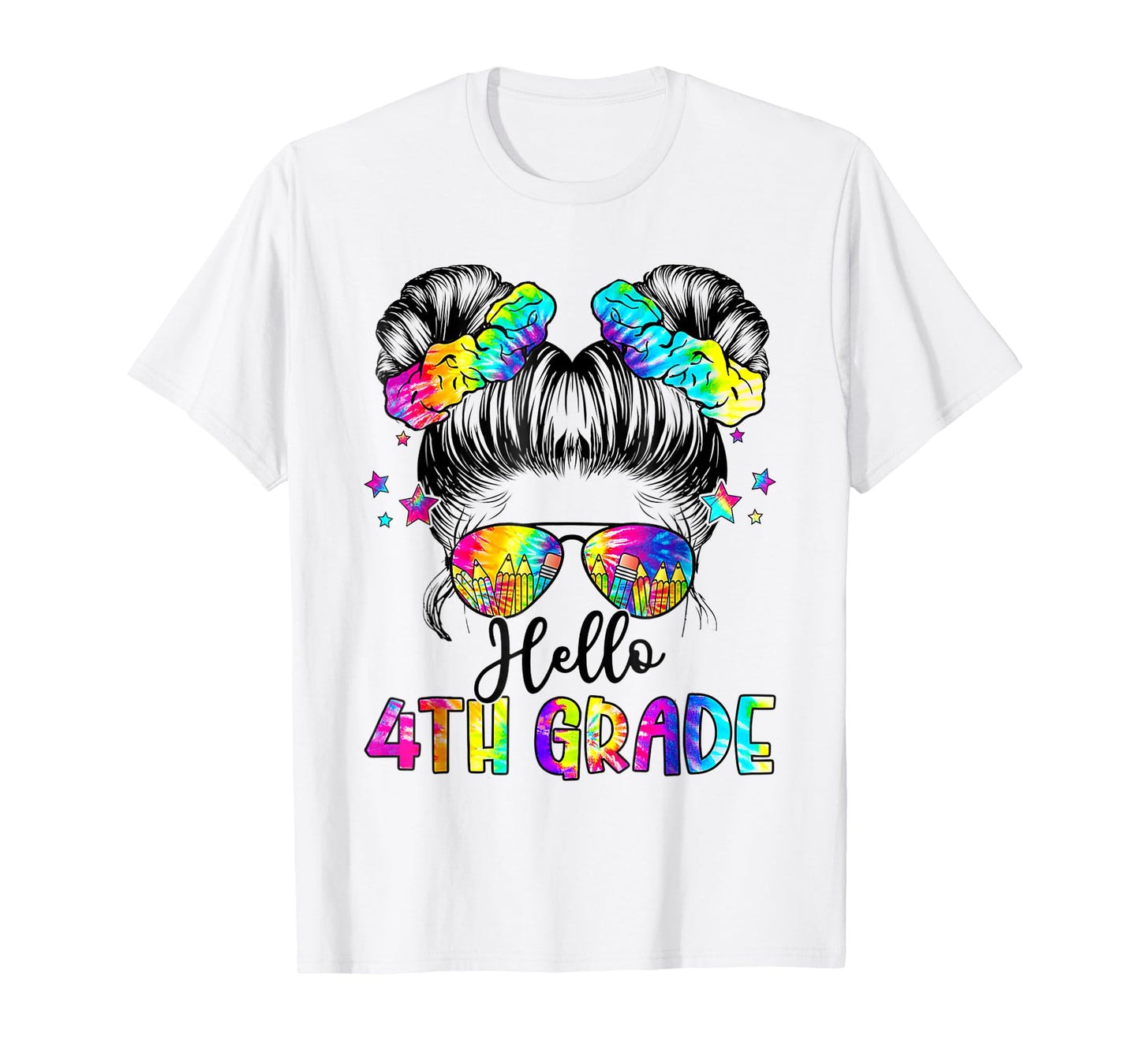 Hello 4th Grade Messy Hair Bun Girl Back To School First Day T-Shirt
