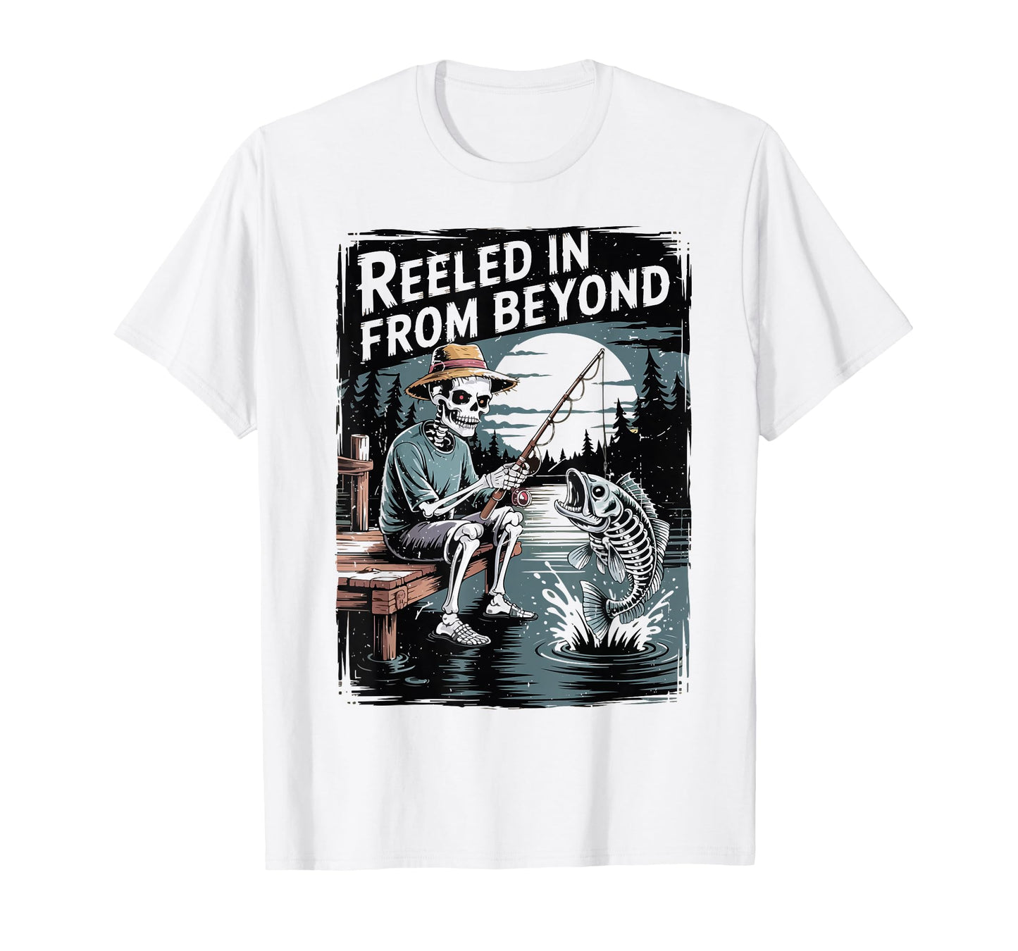 Reeled Beyond Skeleton Fishing Halloween Bass Fish Dad Funny T-Shirt