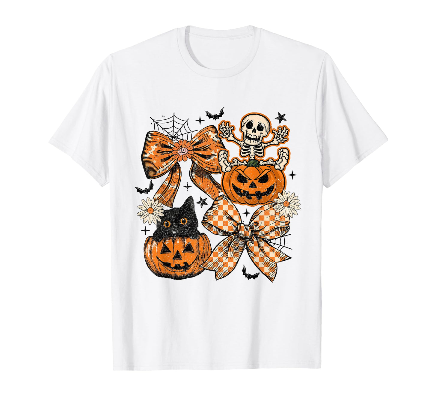 Retro Pumpkin Cat Bow Skeleton Funny Halloween Costumes T-Shirt