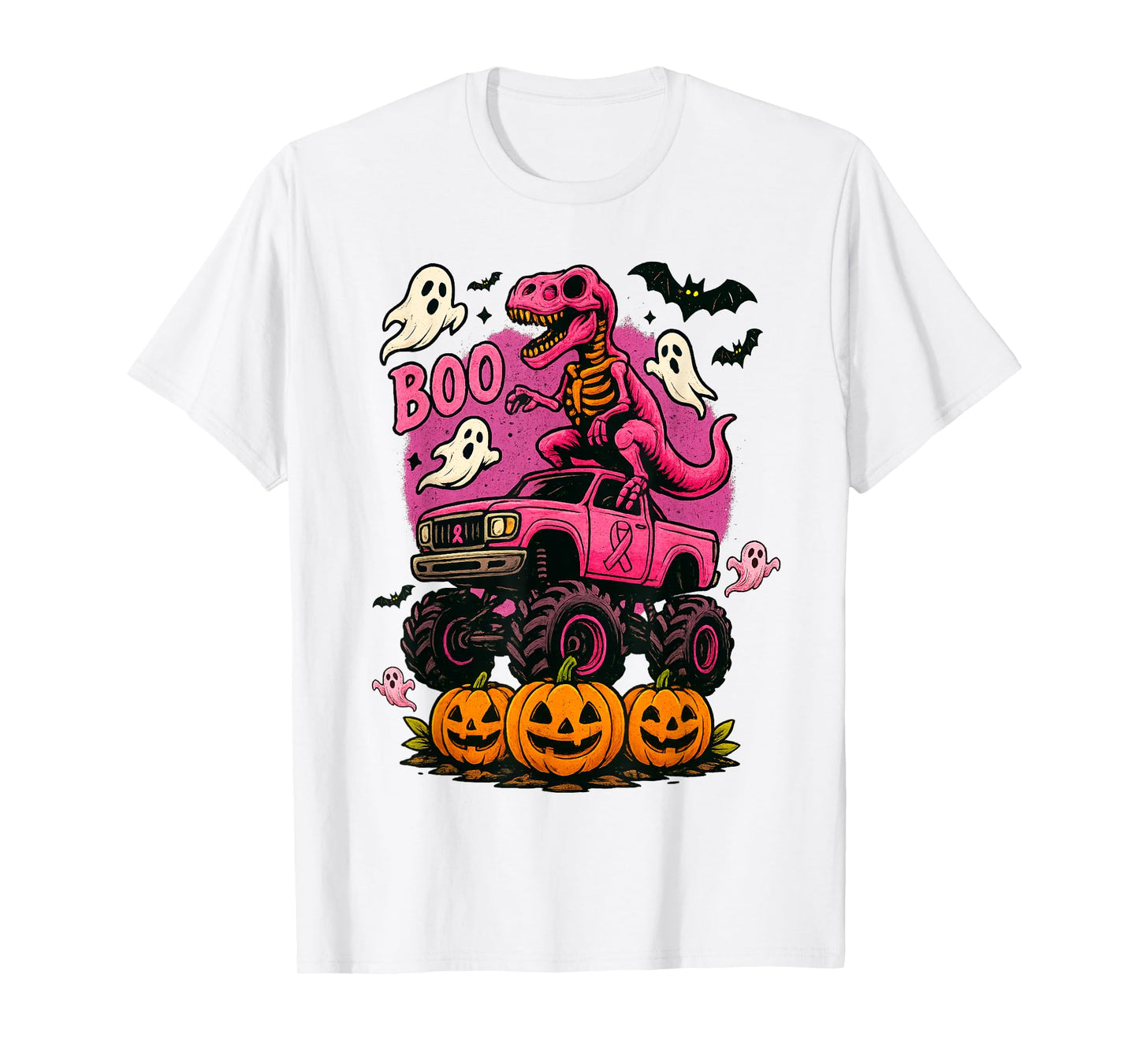 Skeleton Dinosaur T Rex Riding Monster Truck Breast Cancer T-Shirt