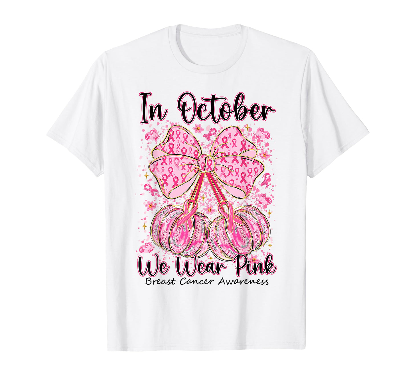 Coquette Bow Pumpkin in October We Wear Pink Breast Cancer T-Shirt