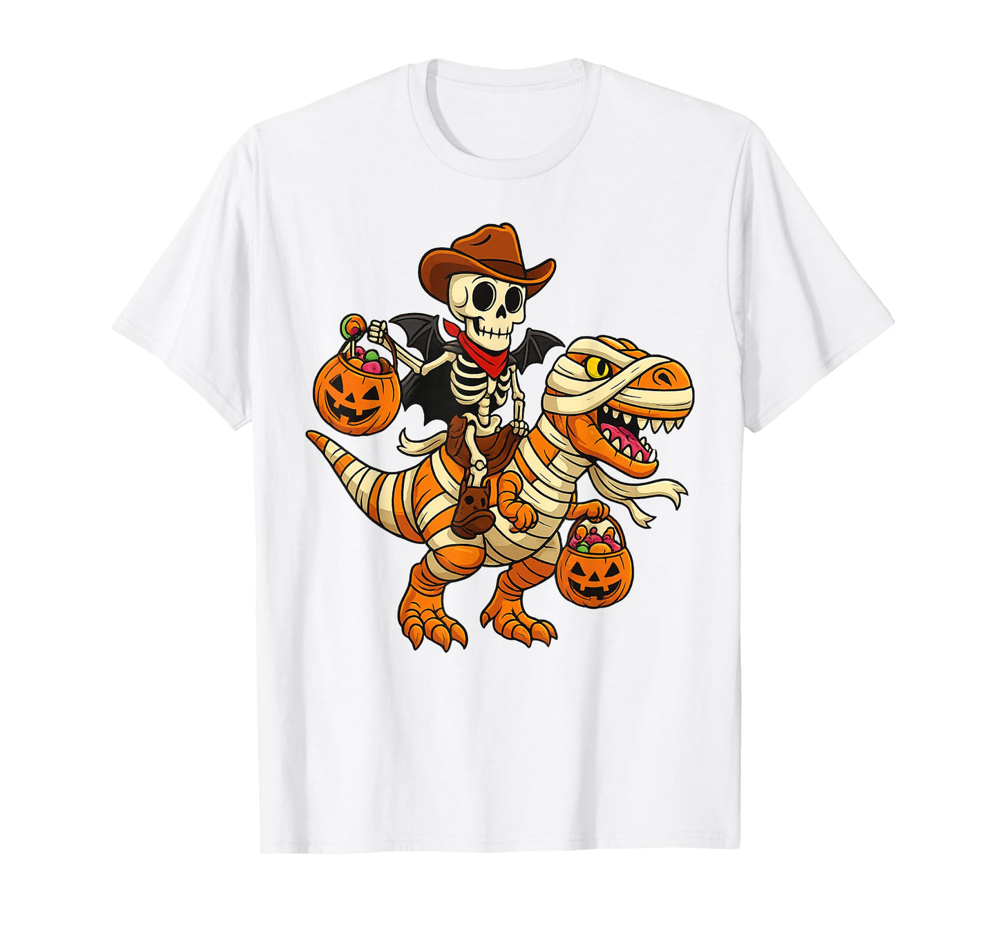 Skeleton Riding Mummy Dinosaur T rex Halloween Funny Pumpkin T-Shirt