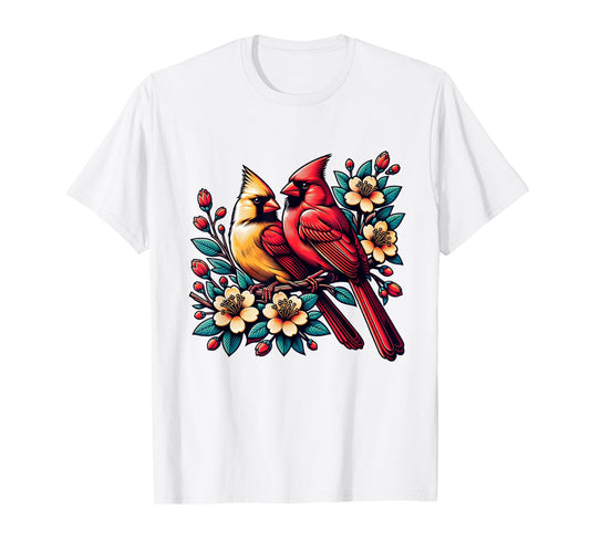 Cute Red Cardinal Couple on Flowering Branch Spring lovers T-Shirt