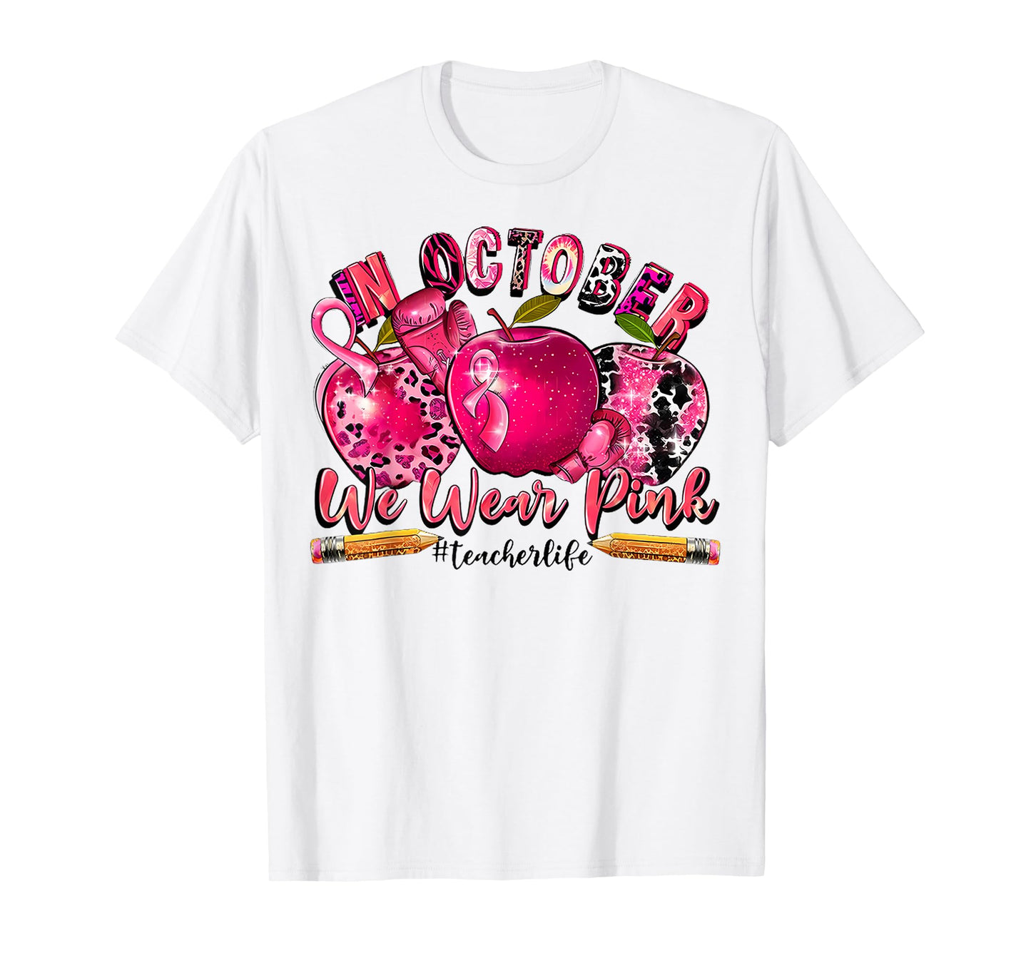 In October We Wear Pink Teacher Apple Breast Cancer Month T-Shirt