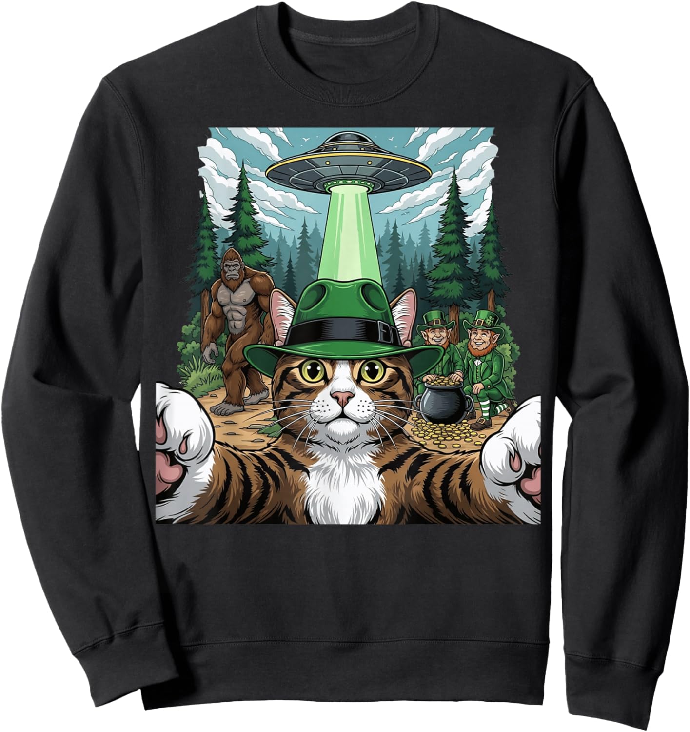 St Patricks Day Bigfoot Leprechaun Cat UFO Funny Scene T-Shirt - Sweatshirt | Black
