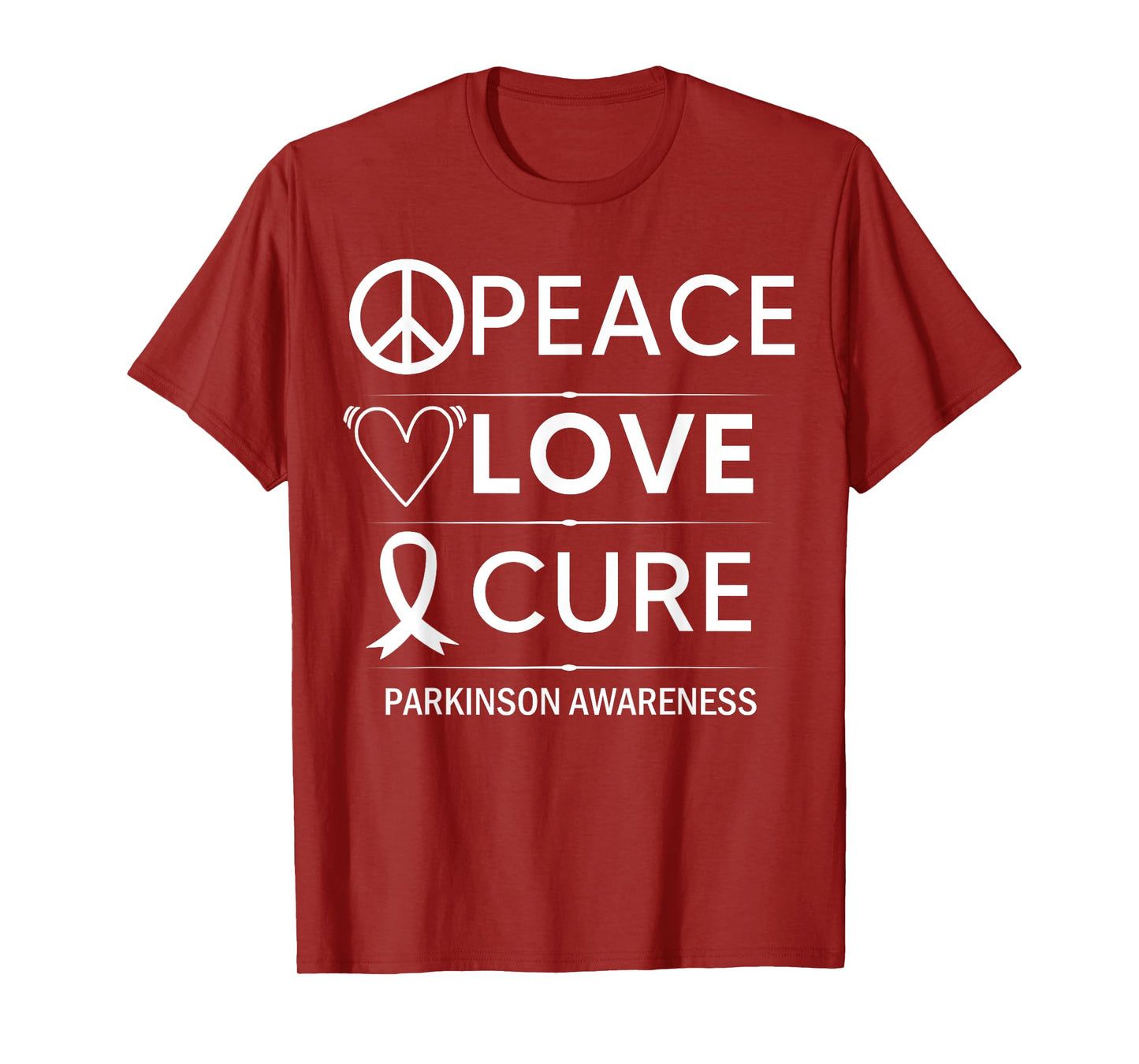 Parkinsons Disease Awareness Peace Love Cure Silver Ribbon T-Shirt