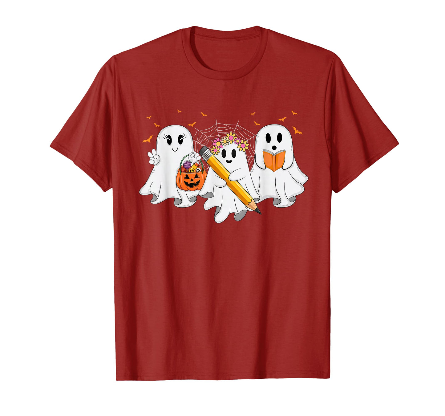 Trick Or Teach Floral Ghost Halloween Women Girls Teacher T-Shirt