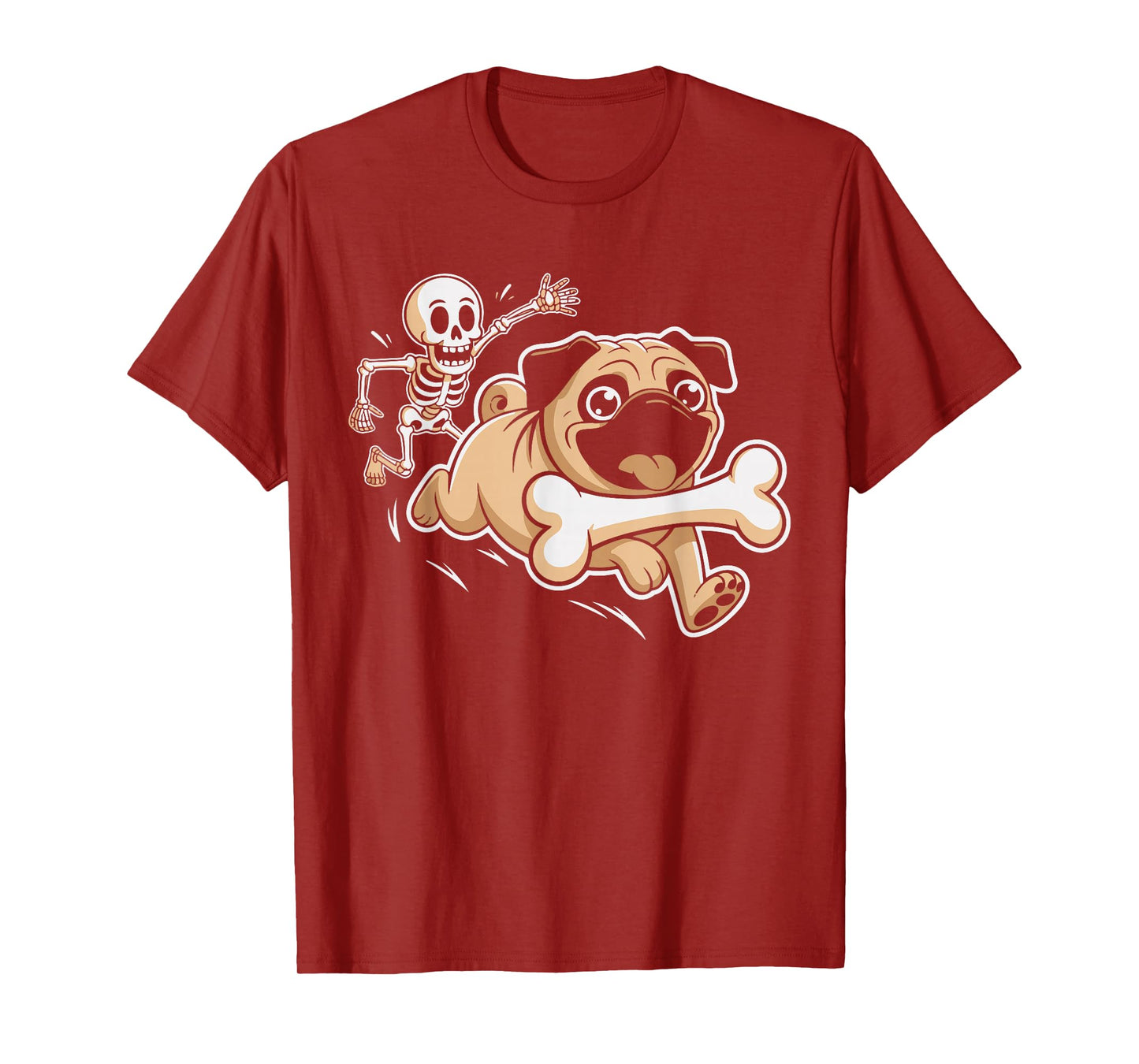 Funny Pug Dog Steals Bone from Skeleton Spooky Halloween T-Shirt