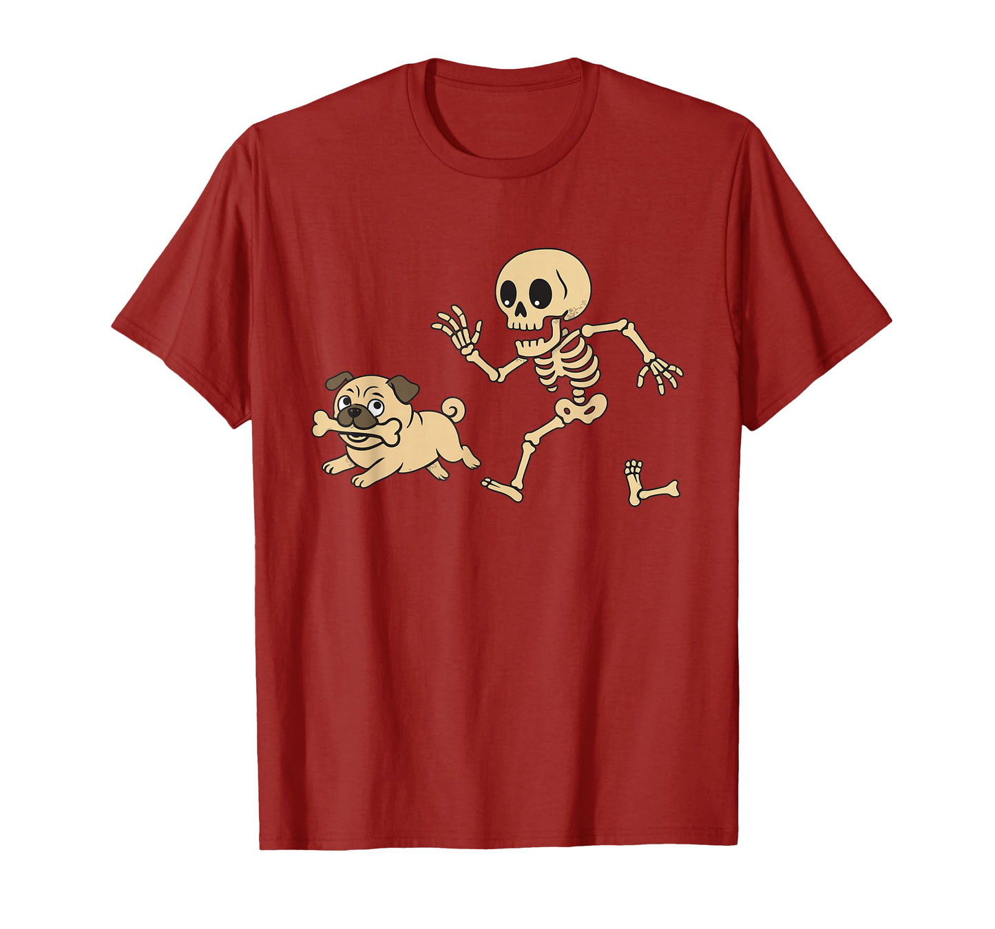 Funny Skeleton Chasing Cute Pug Cartoon Spooky Halloween T-Shirt