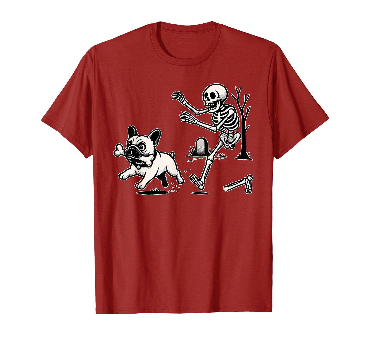 Funny Halloween French Bulldog Steals Bone from Skeleton T-Shirt
