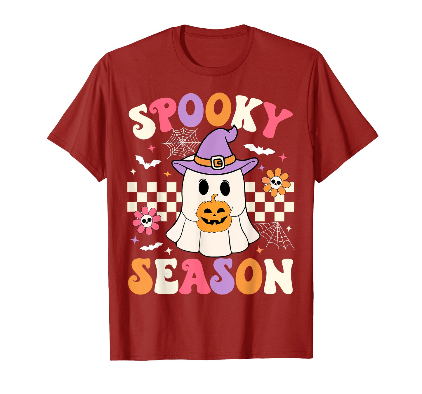 Groovy Spooky Season Retro Halloween Ghost Holding Pumpkin T-Shirt