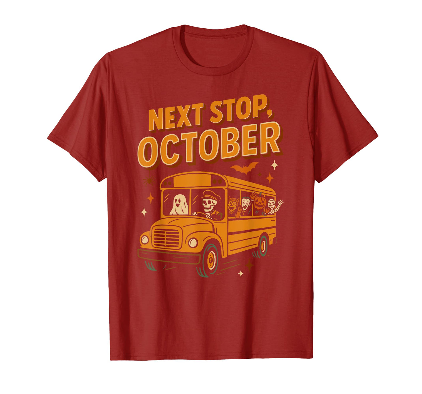 Next Stop October Spooky Monsters Halloween School Bus Ride T-Shirt