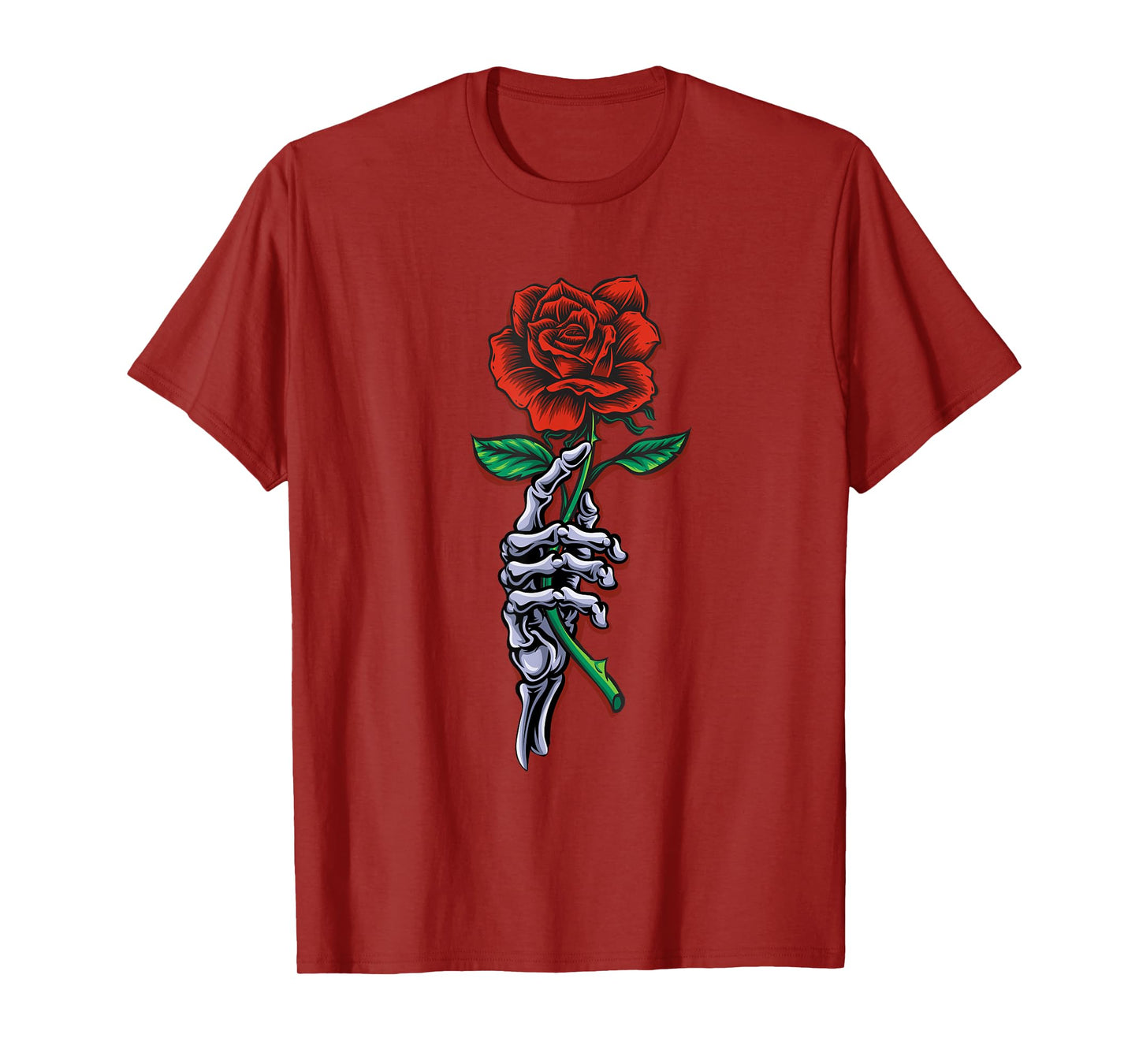 Skeleton Hand Holding Stem Red Rose Flower Graphic Design T-Shirt