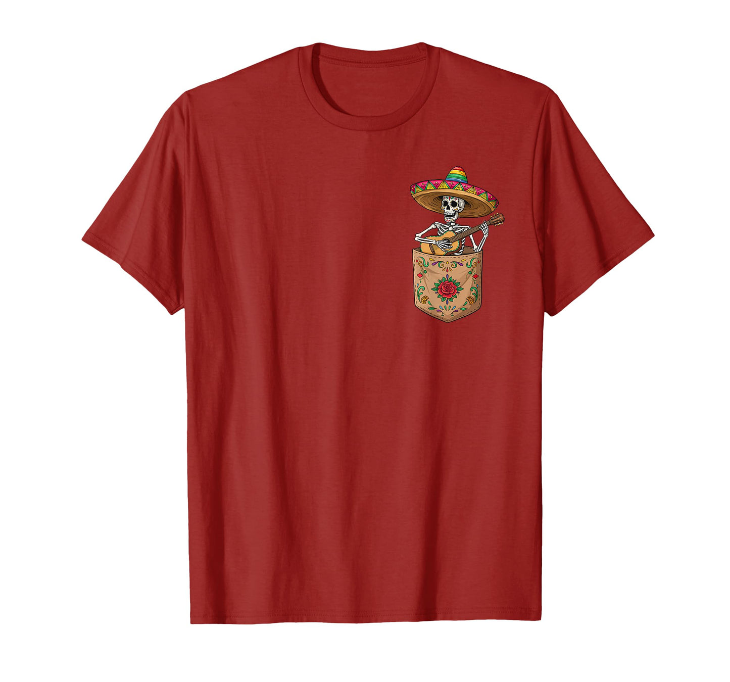 Funny Skeleton Mariachi Guitar Pocket Cinco De Mayo Mexican T-Shirt
