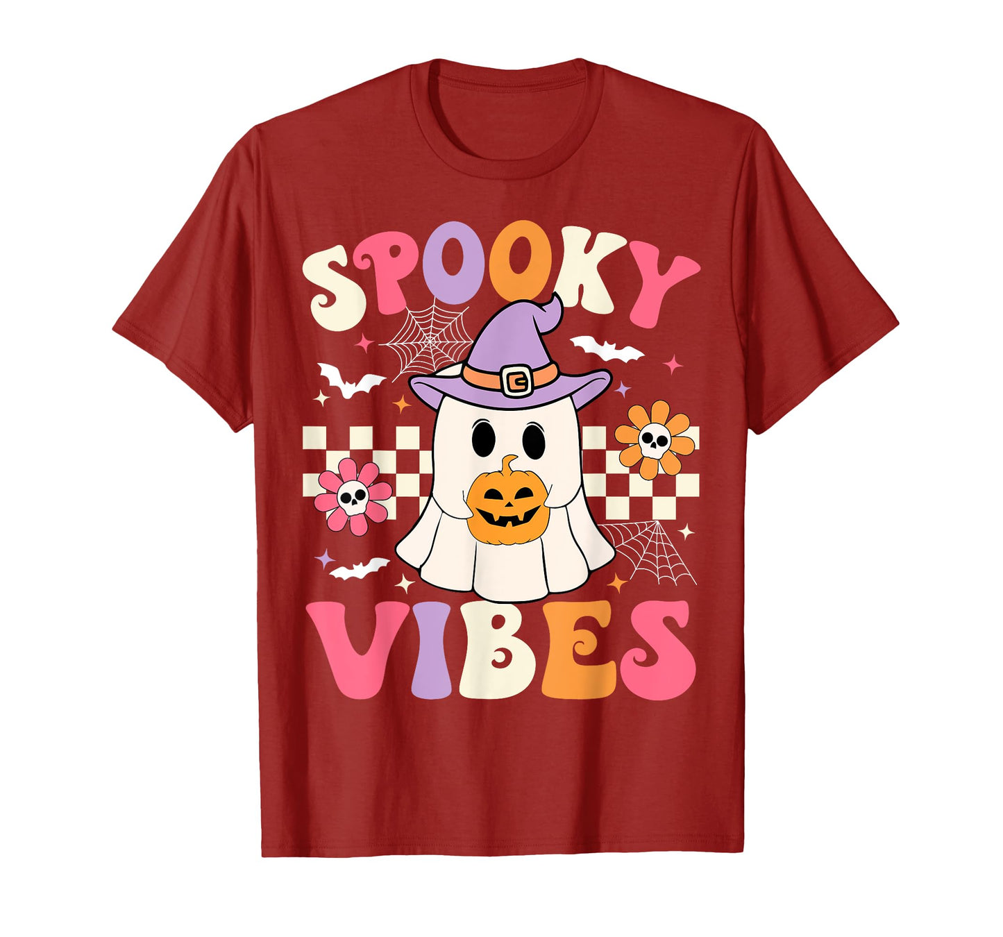 Groovy Spooky Vibes Retro Halloween Ghost Holding Pumpkin T-Shirt