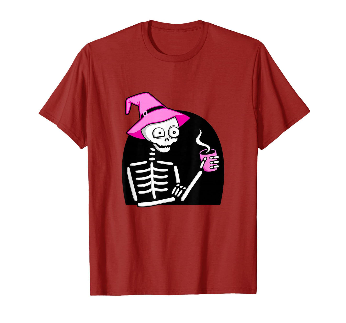 Skeleton Drinking Coffee Pink Witch Hat Halloween Funny T-Shirt