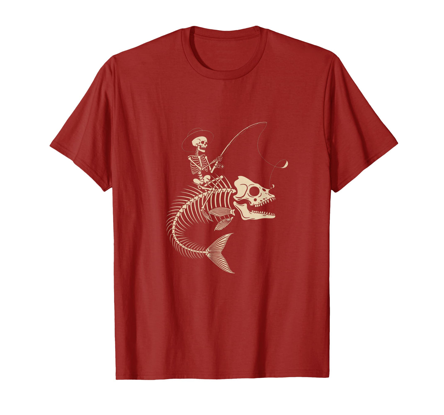 Skeleton Fisherman Riding Giant Fish Bones Halloween T-Shirt