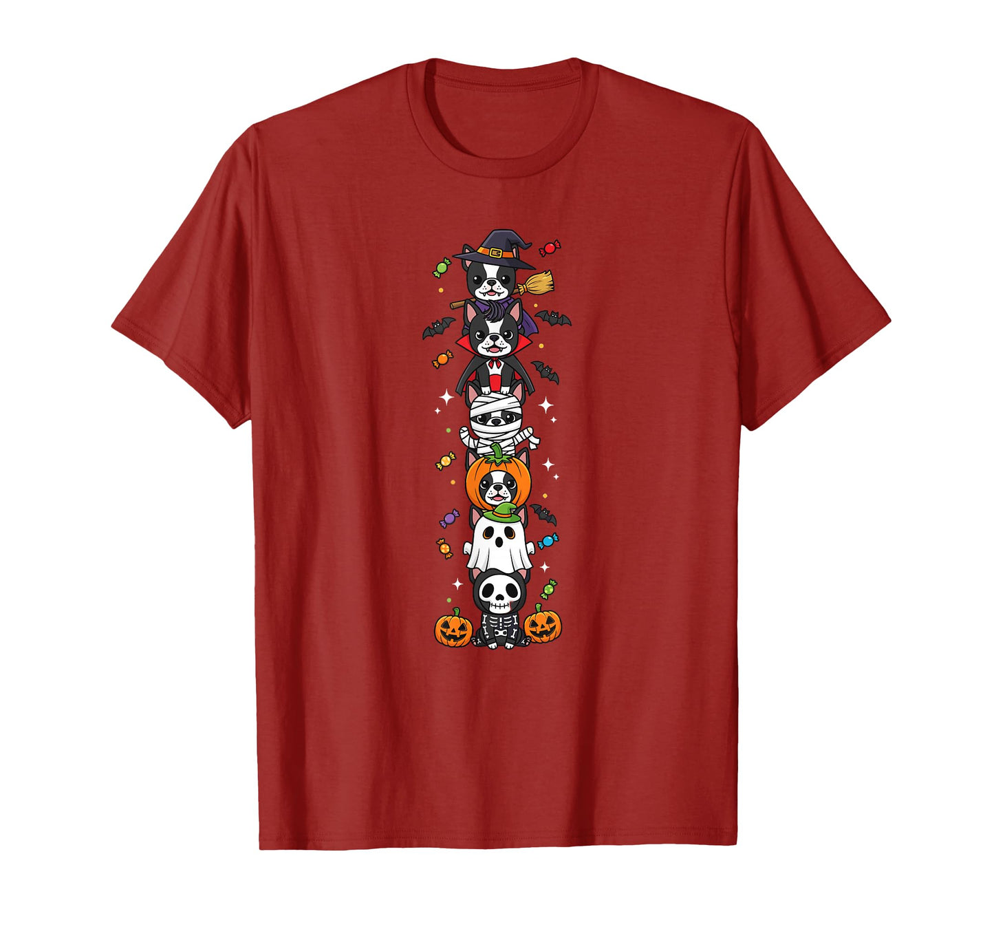 Funny Boston Terrier Witch Ghost Halloween Kids Mens Womens T-Shirt