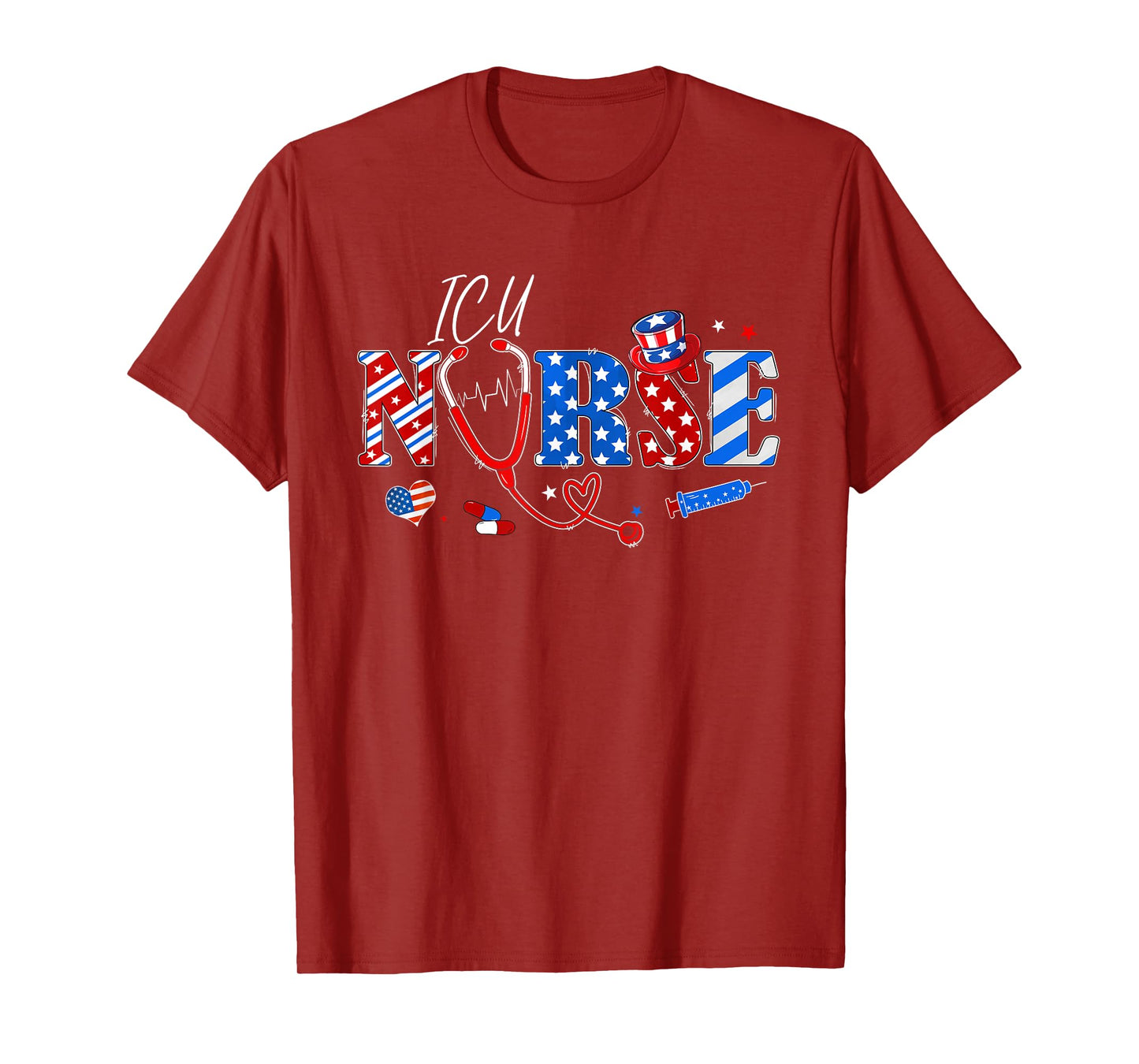 Stethoscope ICU Nurse American Flag Funny 4th Of July T-Shirt for Women Men