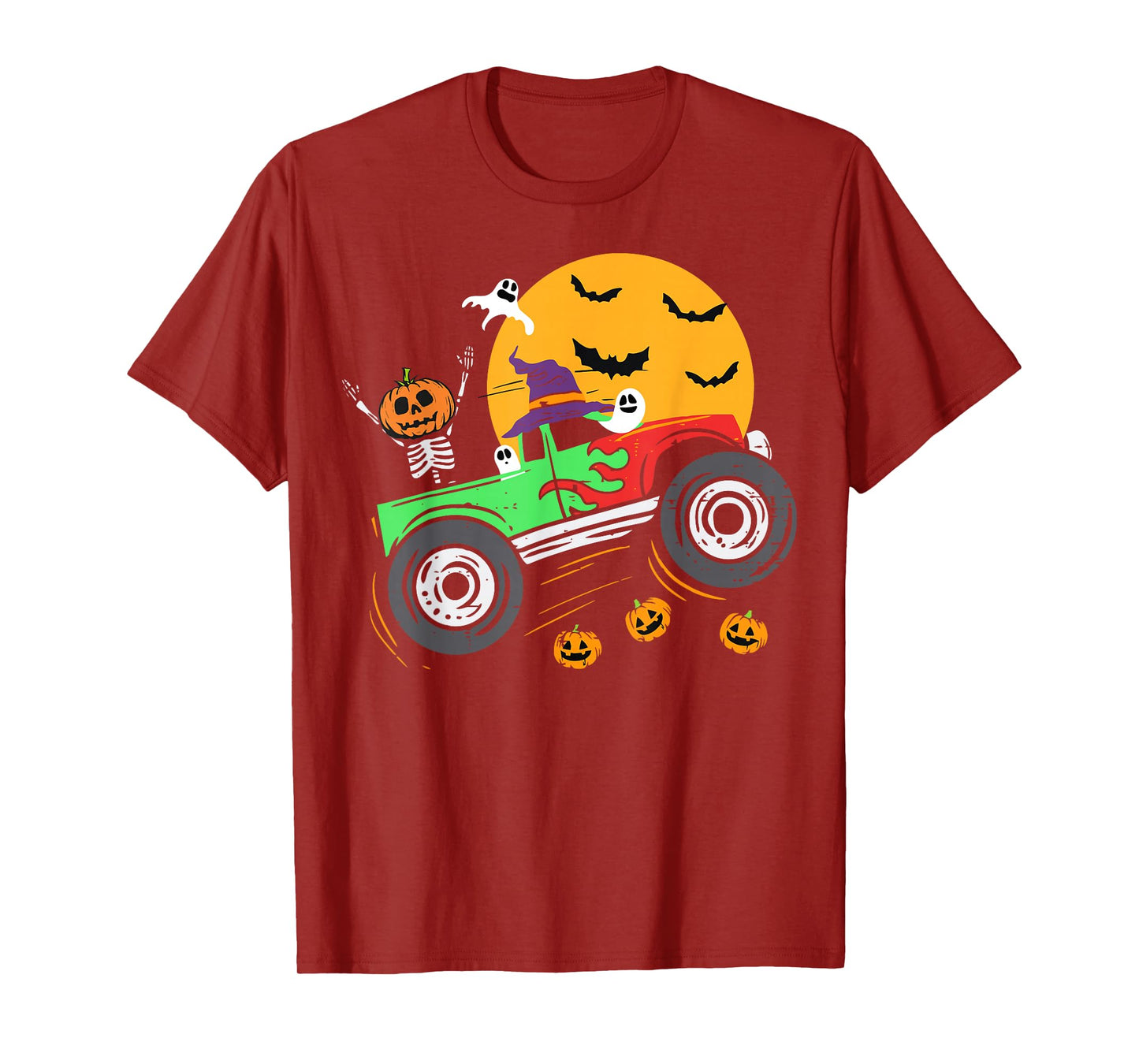 Spooky Skeleton Riding Monster Truck Halloween Boys Girls T-Shirt