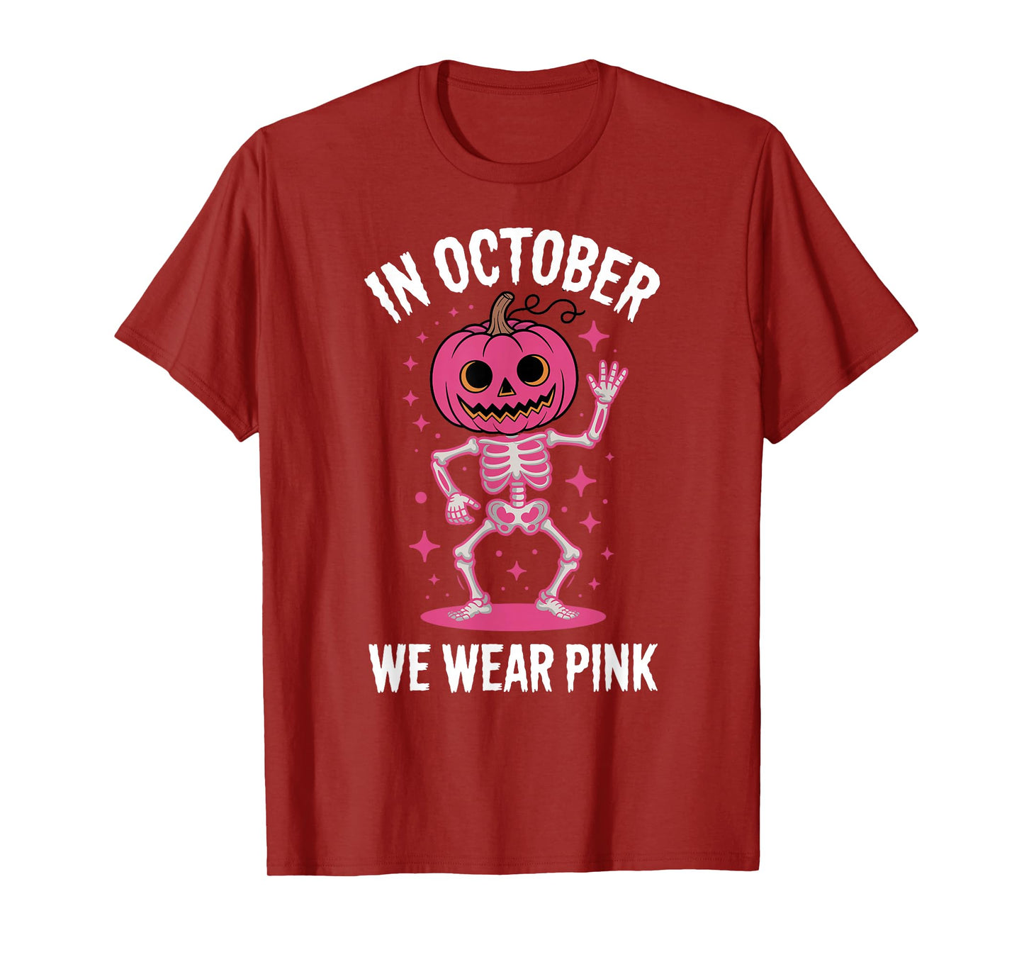 in October We Wear Pink Pumpkin Skeleton Halloween Awareness T-Shirt