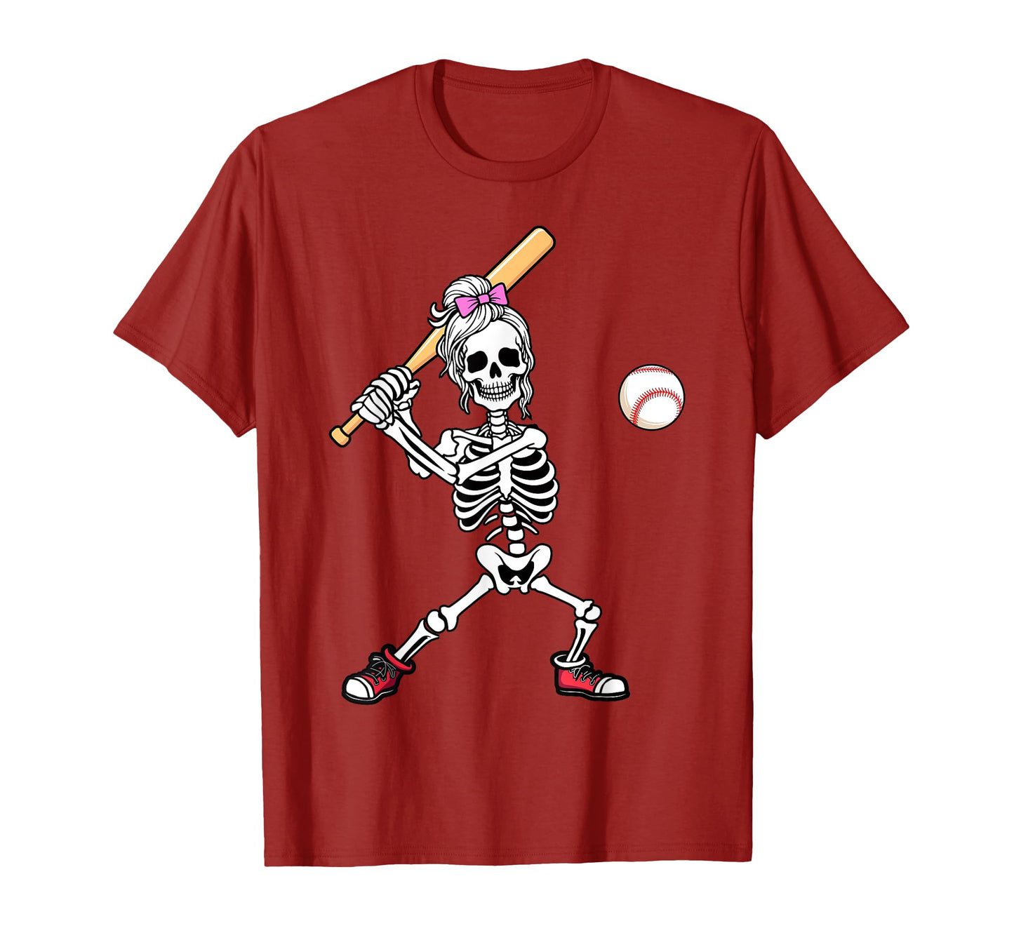 Messy Bun Skeleton Baseball Player Halloween Girls Women T-Shirt