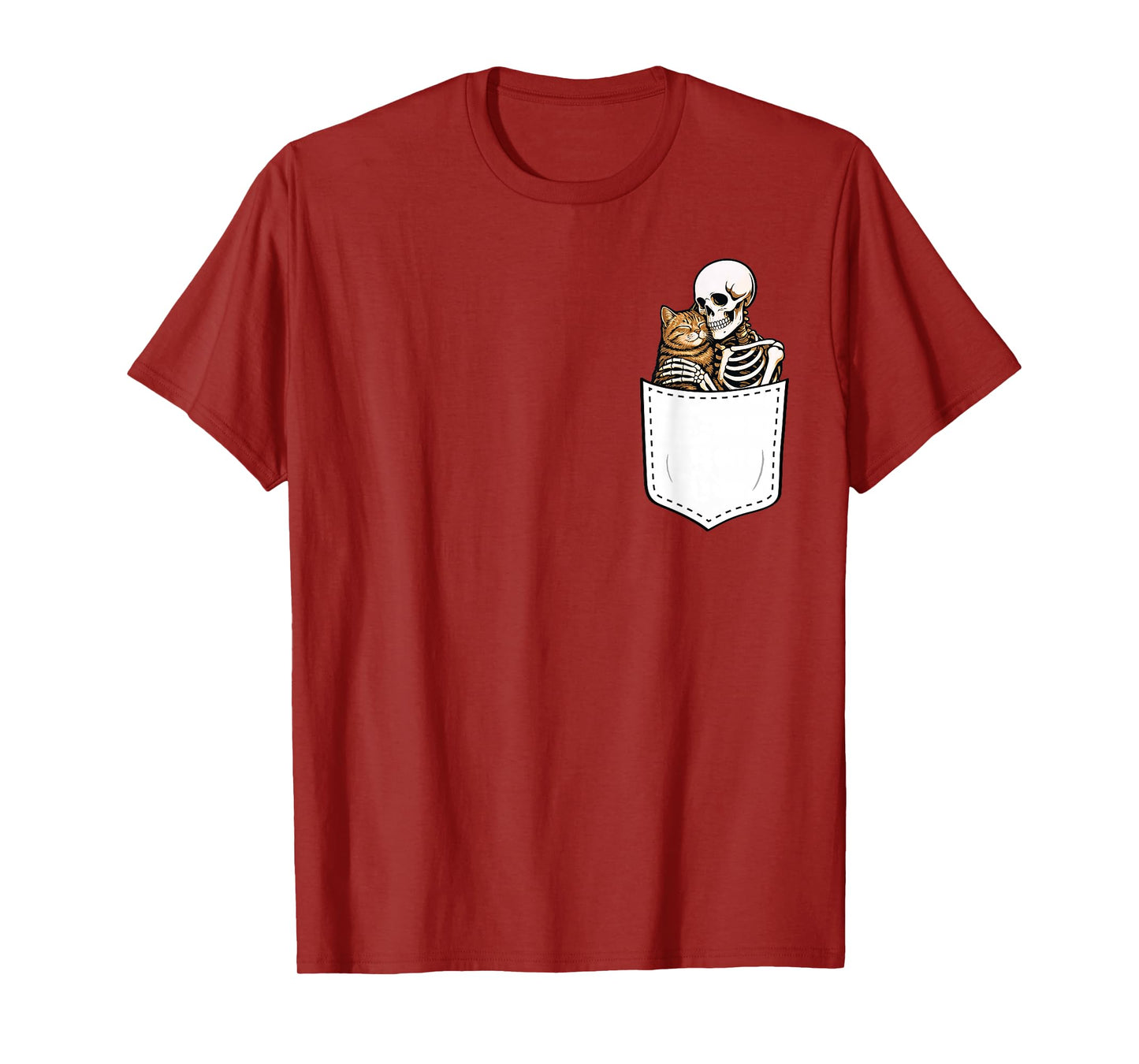 Skeleton Hugging Cat in Pocket Halloween Cat Lover Cat Mom T-Shirt