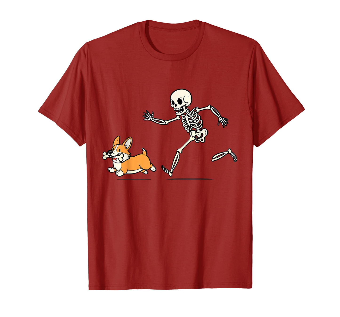 Funny Skeleton Chasing Cute Corgi Boo Running Dog Mom Dad T-Shirt