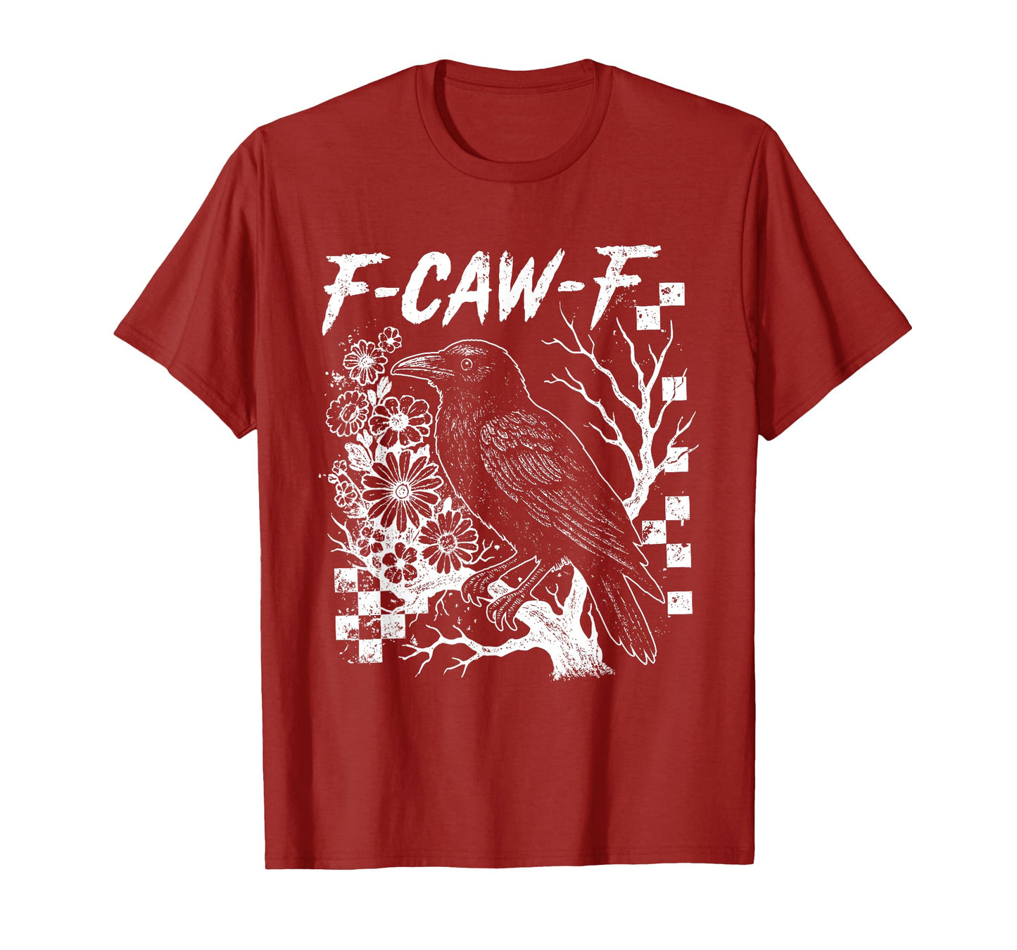 Checkered Floral Crow Raven F-CAW-F Halloween Dark Bird T-Shirt