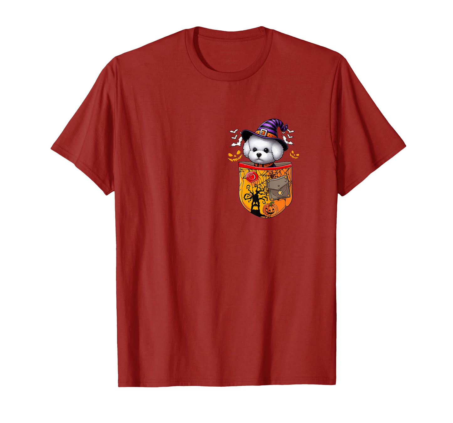 Bichon Frise As Witch in Pocket Halloween Dog Owner Family T-Shirt