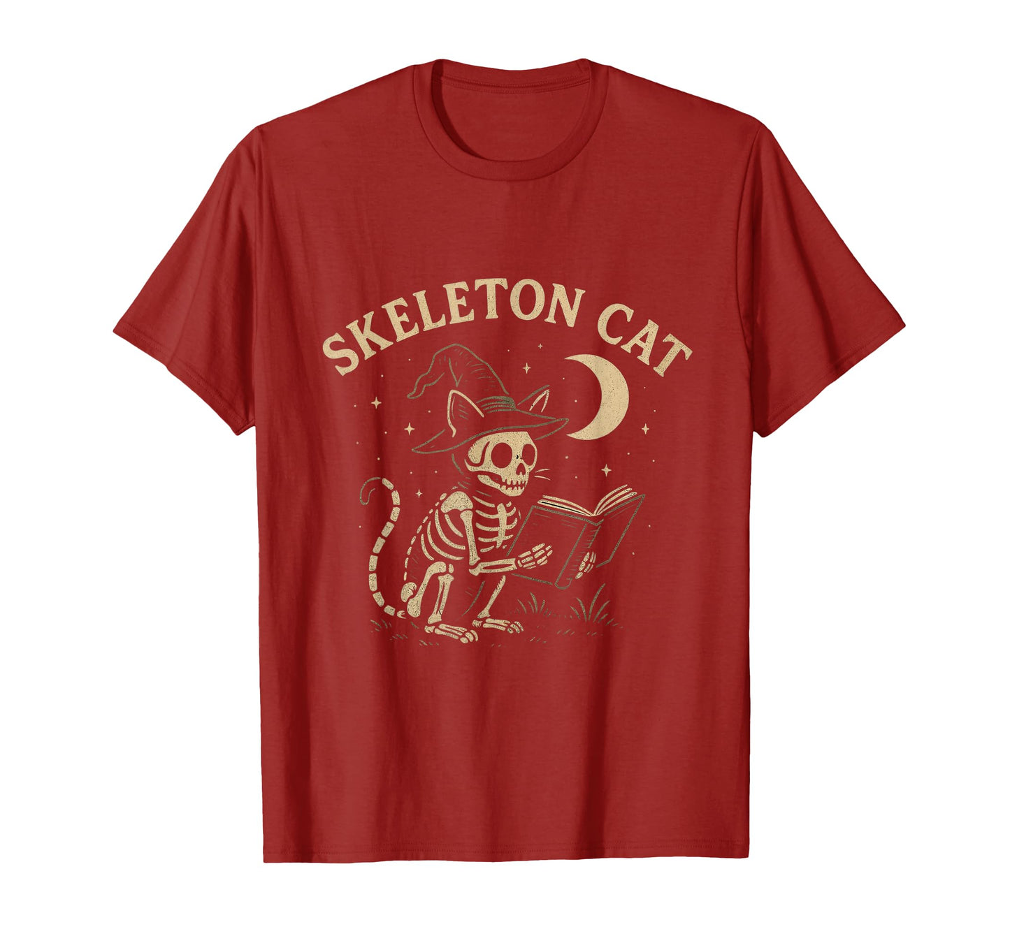 Skeleton Witch Cat Reading Under Moon Halloween Magic T-Shirt