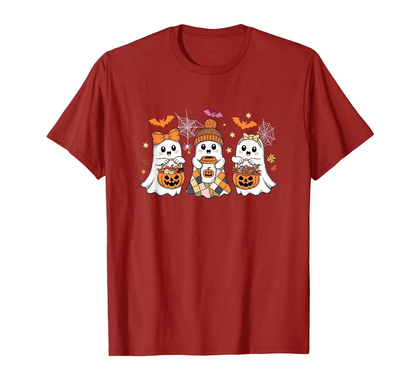Three Halloween Boos Drinking Coffee Carved Pumpkins Candies T-Shirt